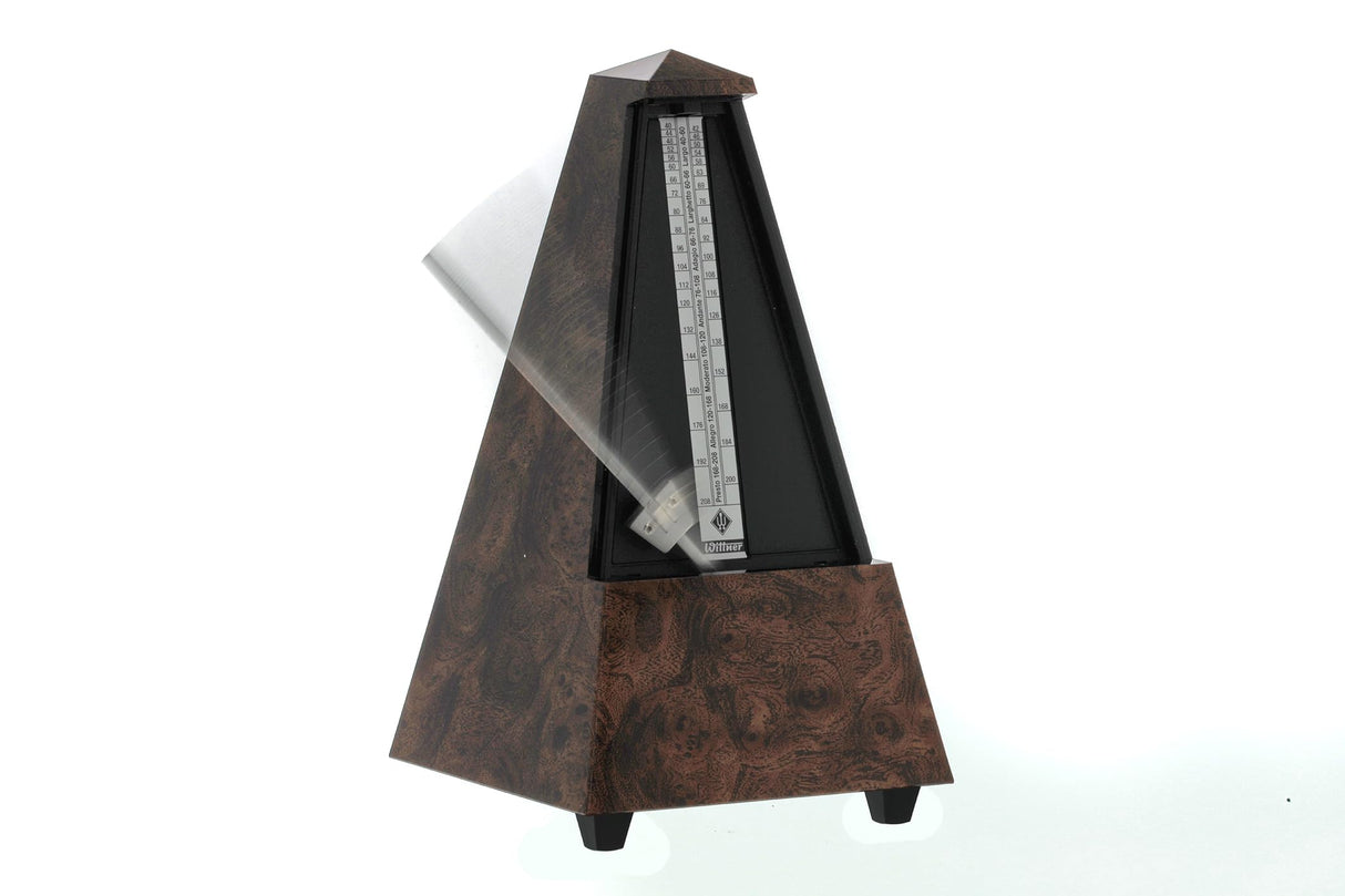Wittner Metrónomo Taktell Forma de Pirámide Sistema Maelzel Serie de Diseñador - Sin campana - Madera de raíz - Mecánico para dar cuerda - No se requieren baterías - Hecho en Alemania