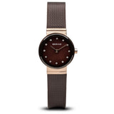 BERING 10122-265 Reloj de cuarzo para mujer con caja de acero inoxidable de 22 mm con acabado en oro rosa y esfera marrón, correa milanesa, cristal de zafiro y resistencia al agua de 3 ATM