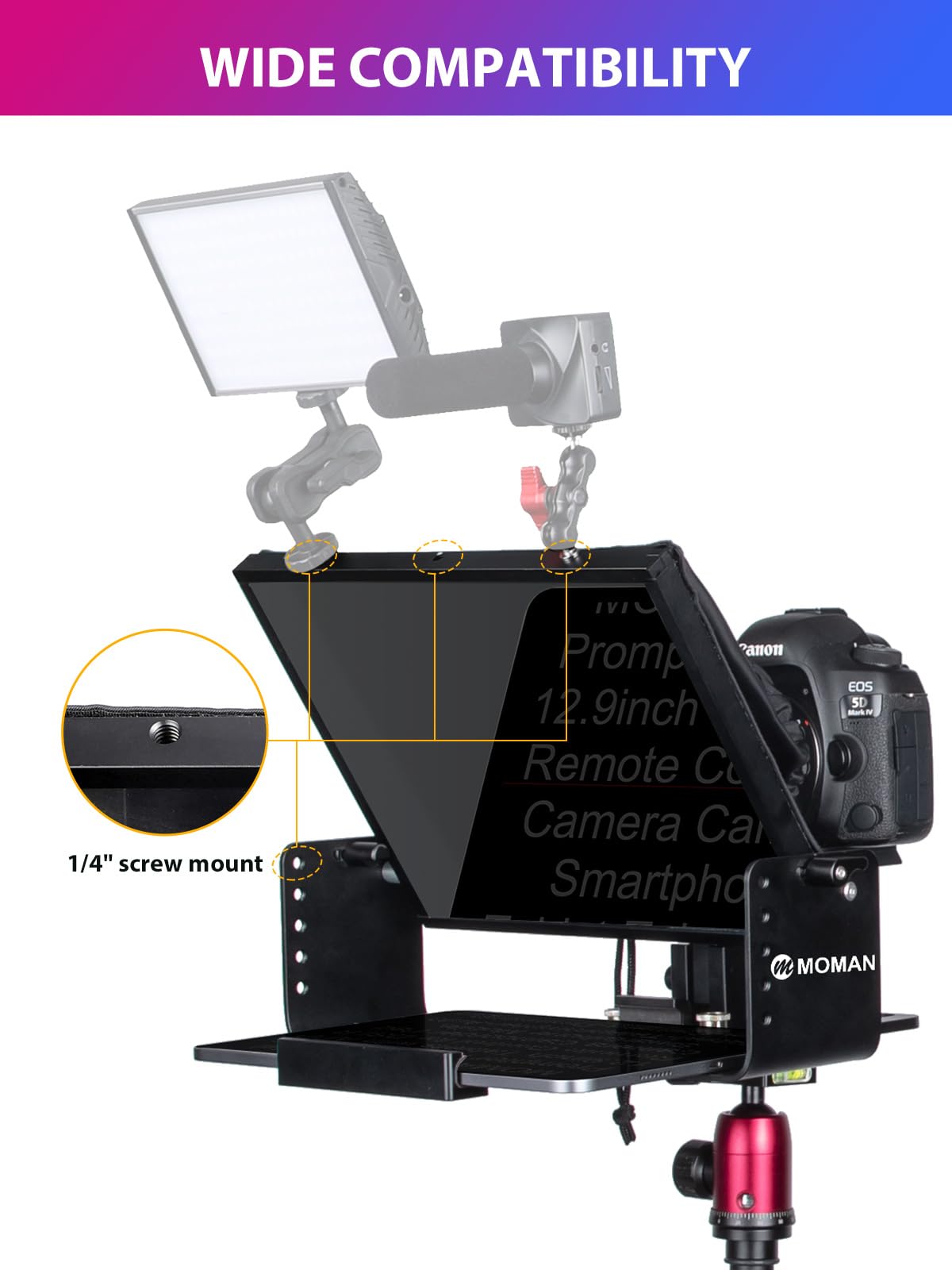 Moman MT12 Teleprompter Metálico de 12,9 Pulgadas, con App Remota y Control Remoto, Soporte Ajustable - Compatible con iPad, iPhone, Tabletas, Smartphones y Cámaras DSLR