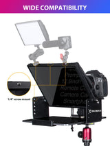 Moman MT12 Teleprompter Metálico de 12,9 Pulgadas, con App Remota y Control Remoto, Soporte Ajustable - Compatible con iPad, iPhone, Tabletas, Smartphones y Cámaras DSLR