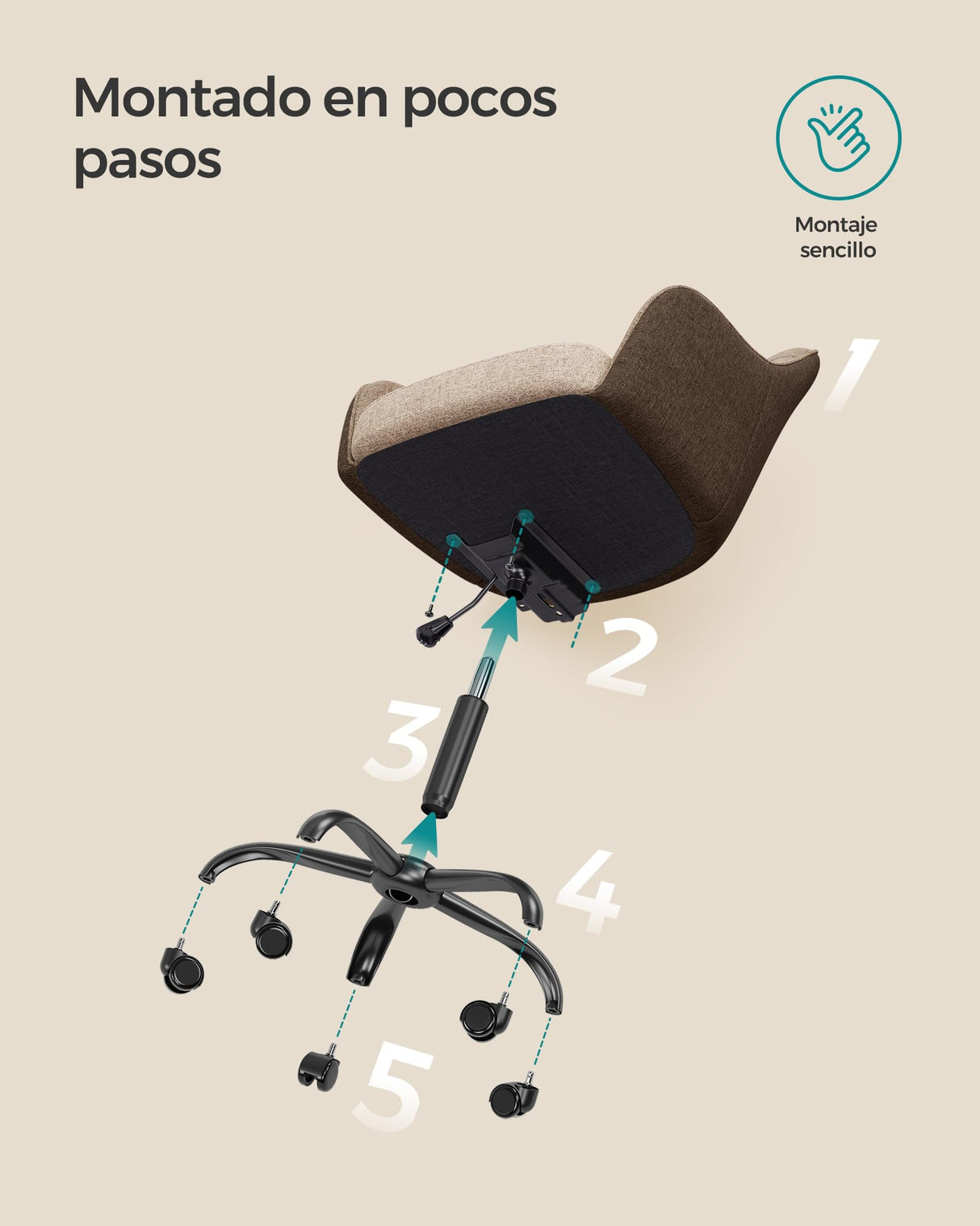 SONGMICS Silla de Estudio, Silla Giratoria, Altura Ajustable, Carga de 110 kg, Marco de Acero, Tela de Algodón-Lino Transpirable, para Estudio, Dormitorio, Marrón OBG019K01