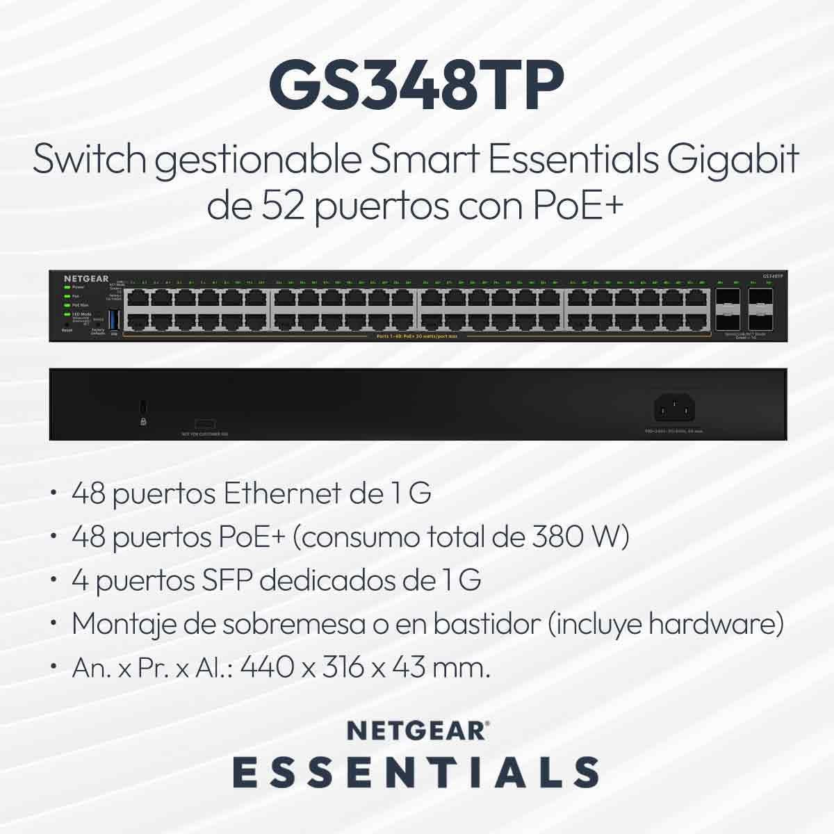 NETGEAR Smart Managed Essentials 52-Port Gigabit Ethernet S350 Series PoE+ Switch - 48 x 1G PoE+ at 380W, 4 x 1G Dedicated SFP - Desktop or Rack Support (GS324TPv2)