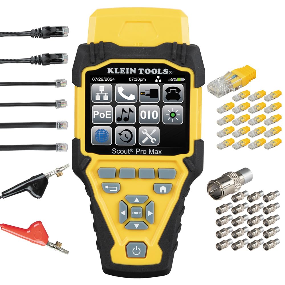 Klein Tools VDV501-770 - Juego de comprobador de cables, Scout Pro Max Ethernet, coaxial/video, teléfono, (RJ11/RJ12/RJ45) cables de conector F, controles remotos de prueba y mapa