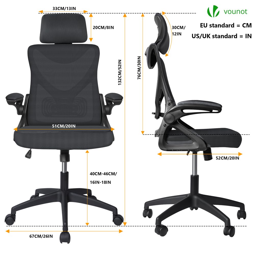 VOUNOT® Silla Oficina Ergonómica, Silla de Escritorio para Ordenador, Ajustable y Reclinable con Reposacabezas, Soporte Lumbar y Reposabrazos Abatibles, Malla Transpirable Ruedas Giratorias 360° Negro