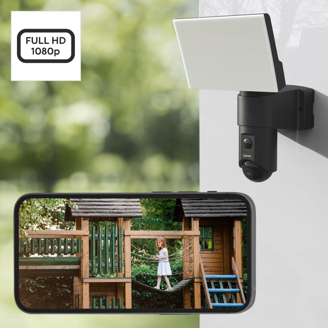Hama | Cámara de vigilancia Exterior, 1080P, Sensor de Movimiento y luz, Full HD, Compatible con Amazon Alexa y Google Assistant.