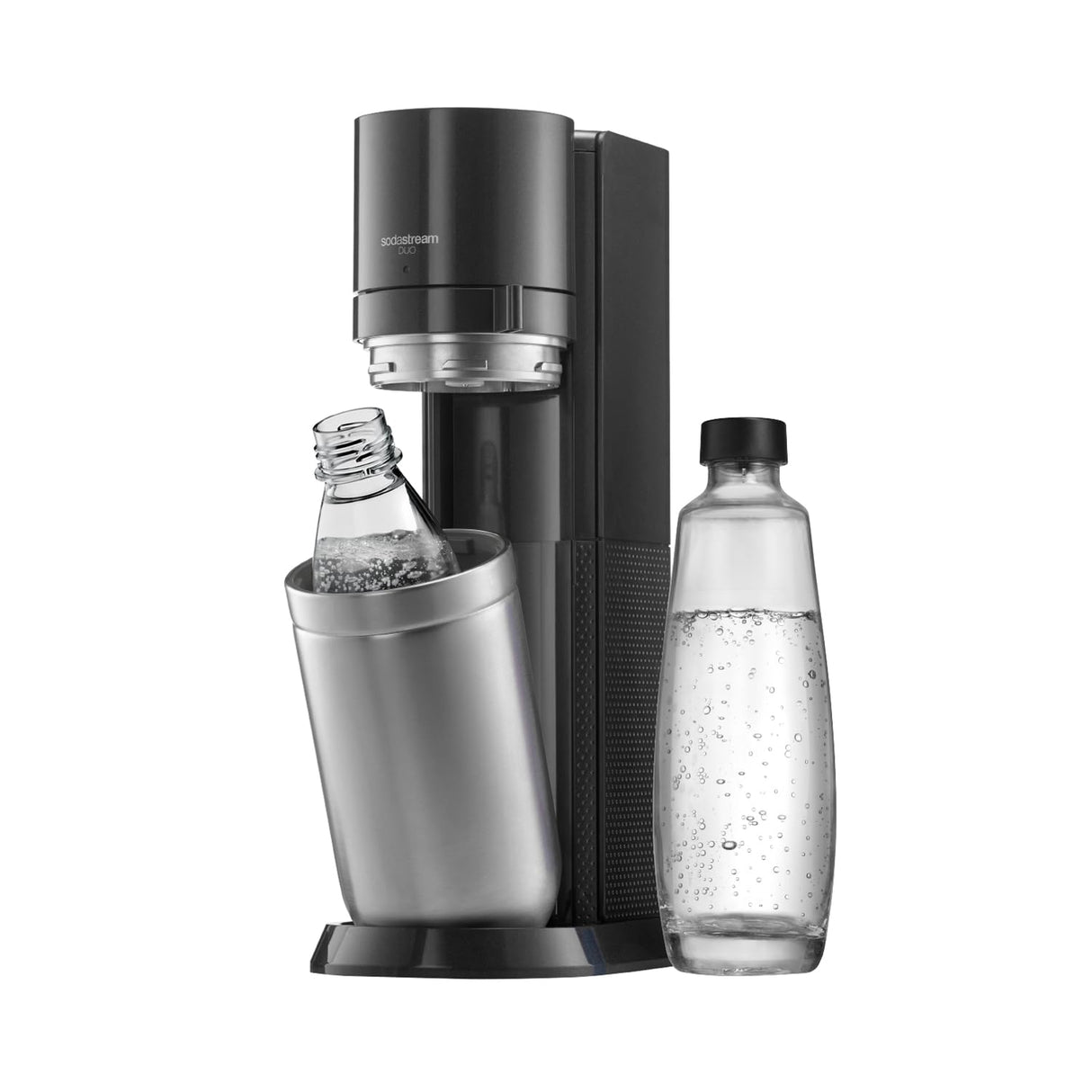 SodaStream Aireador de agua DUO sin cilindro de CO2, 1 botella de cristal de 1 l y 1 botella de plástico apta para lavavajillas de 1 l, altura: 44 cm, color: titanio, 19,1 x 36,6 x 44,5