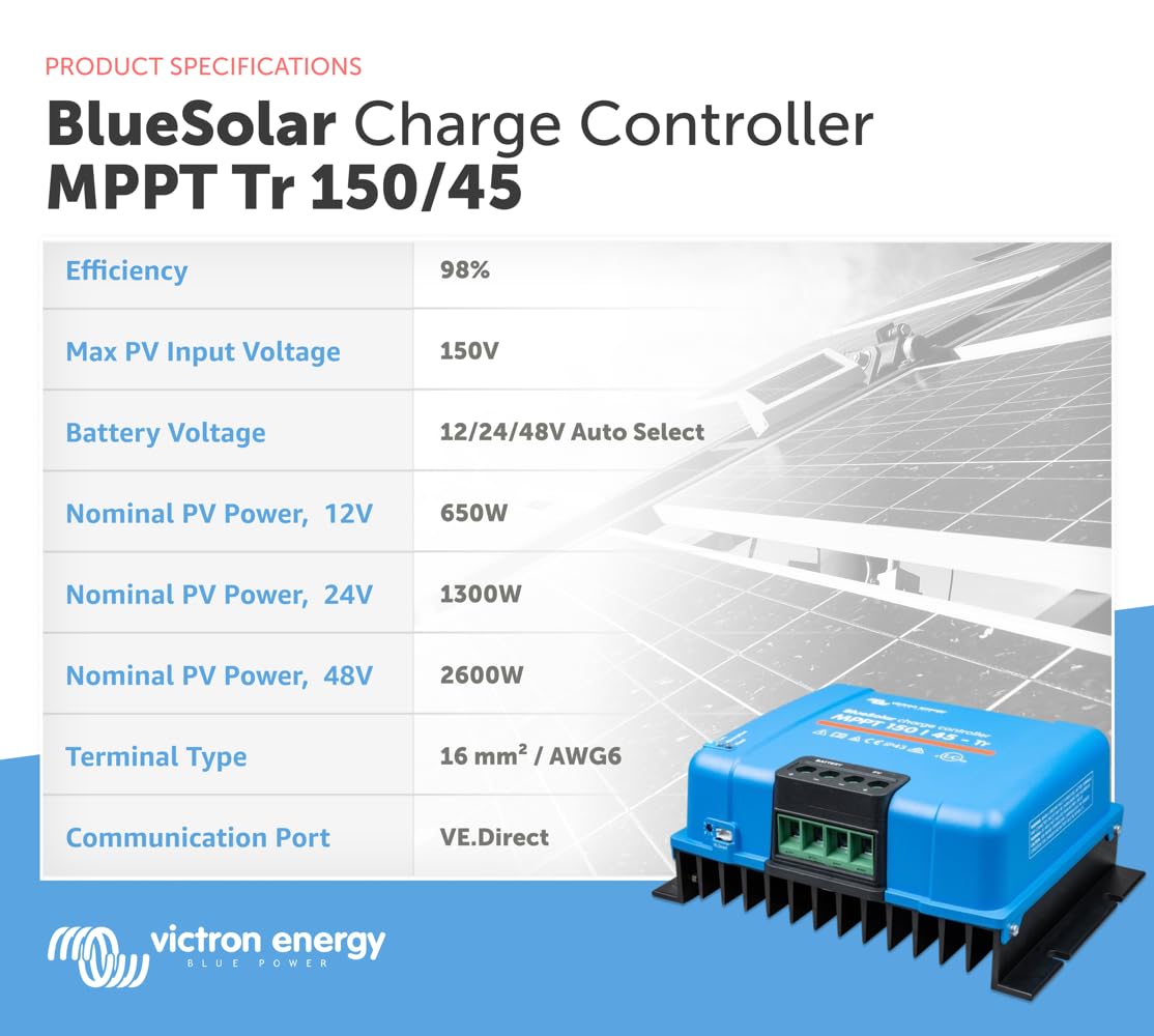 Victron Energy BlueSolar MPPT TR 150V 45amp 12/24/36/48-Volt Controlador de Carga Solar