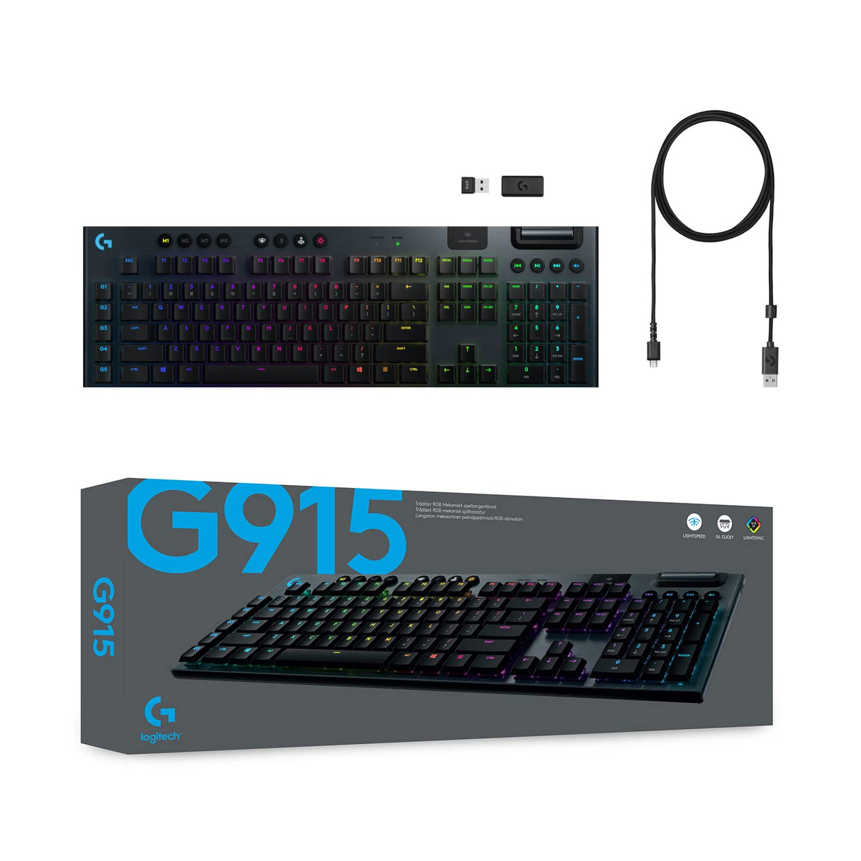 Logitech G915 LIGHTSPEED Teclado Gaming Mecánico Inalámbrico con teclas GL, Tactile de Bajo Perfil, LIGHTSYNC RGB, Diseño Ultra Delgado, 30 Horas de Duración de la Batería, QWERTY Portugués, Negro