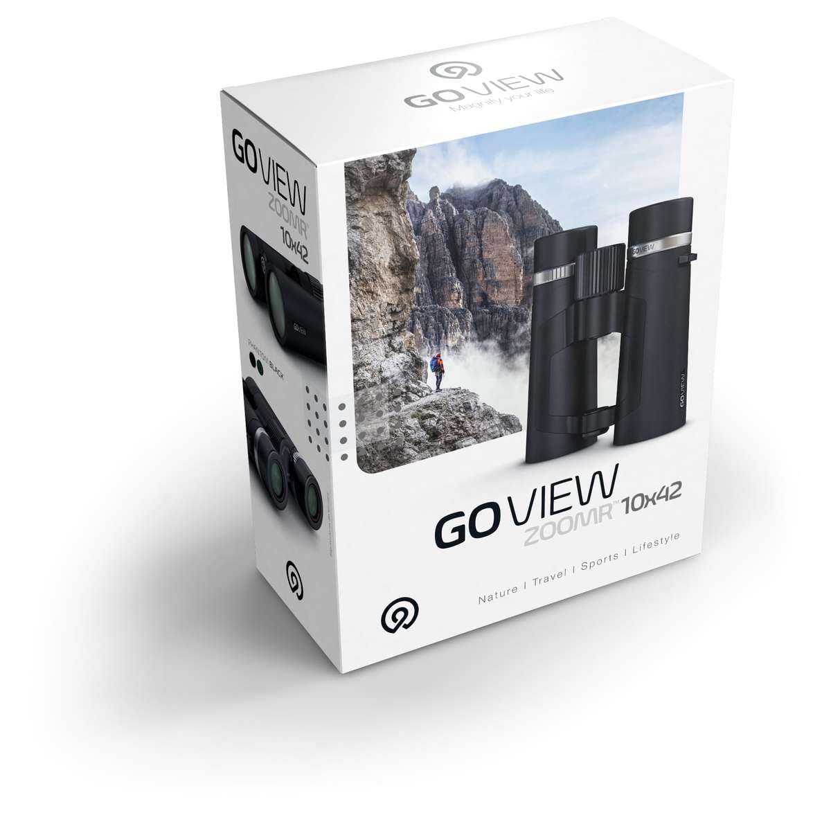 GoView ZOOMR 10x42 prismáticos para Actividades al Aire Libre, Naturaleza, observación de Vida Salvaje, Viajes (Zoom de 10 aumentos, Gran Campo de visión, Incluye Set de Accesorios) Phantom Negro