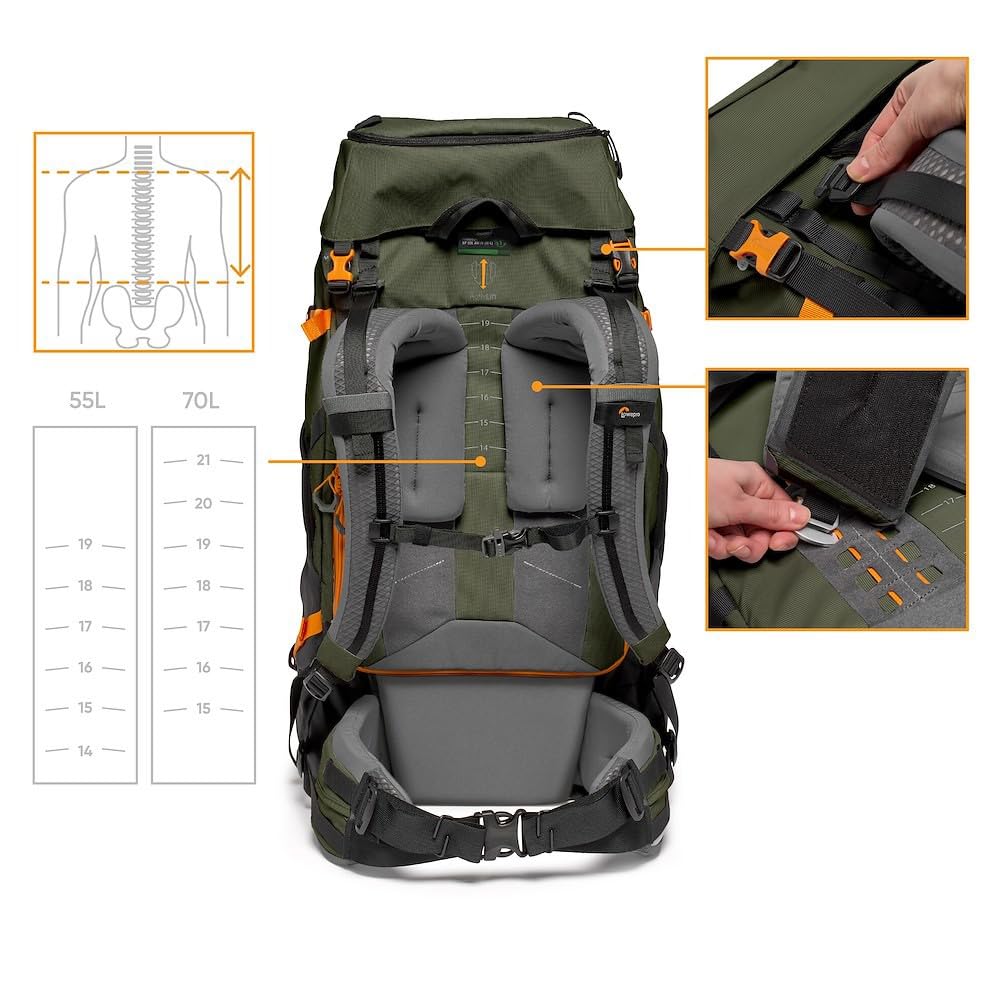 Lowepro PhotoSport PRO BP 55L AW IV - Mochila para cámaras réflex sin espejo, acceso delantero/trasero, compartimento extraíble para cámara, correas de accesorios, talla M/L, gris oscuro/verde