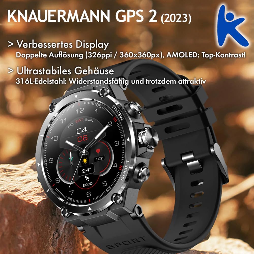 Knauermann GPS 2 (2023) Reloj Deportivo Negro - Pantalla AMOLED - Puls, oxígeno en Sangre, recepción GPS/Galileo - BT Bluetooth - Correa de Silicona Negra, 14-26, Normal, Moderno, Normal, Moderno