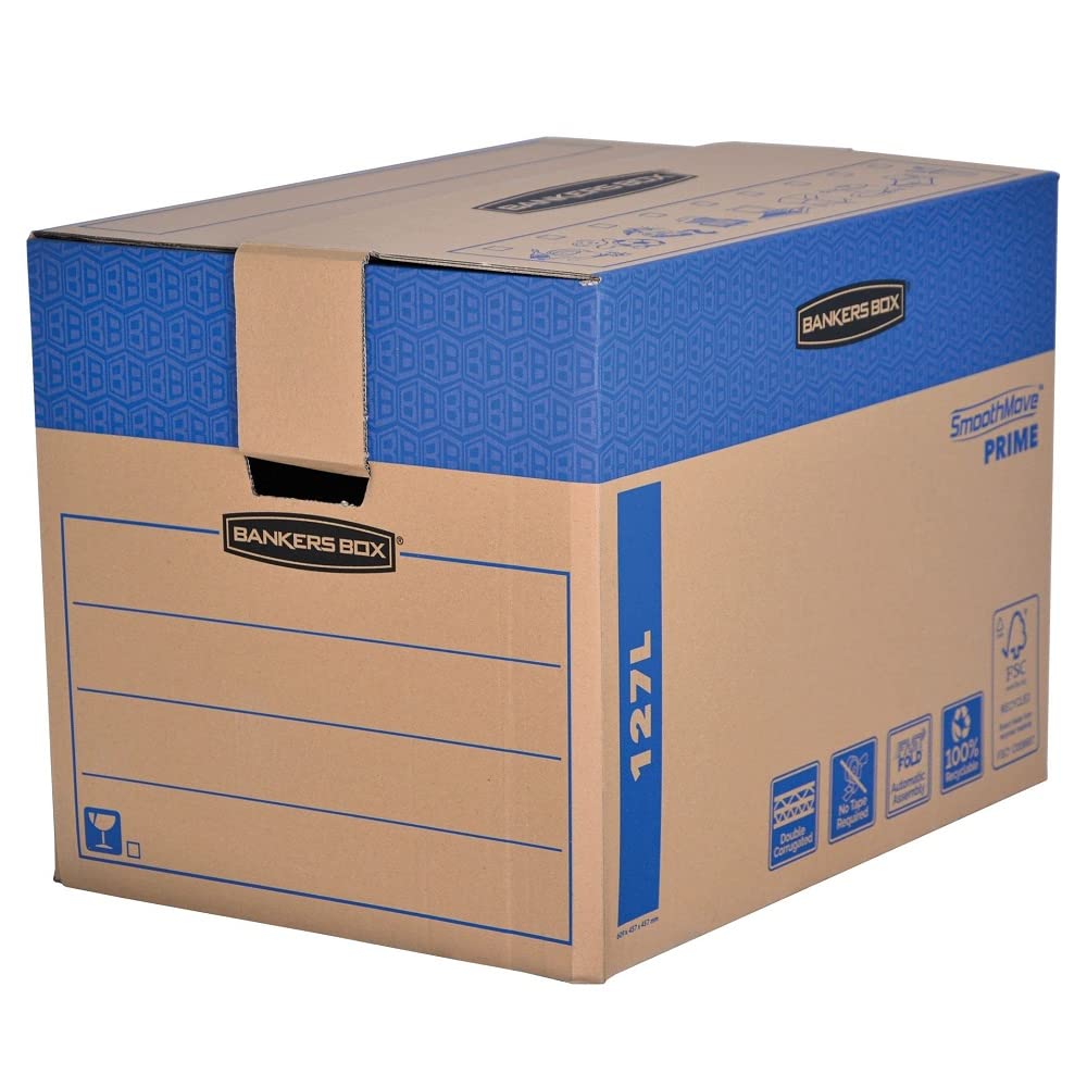 BANKERS BOX SmoothMove Cajas de transporte y mudanza súper resistentes, doble espesor, con asas, no necesita cinta de embalar, montaje automático FastFold, 127 litros, 45.5 x 60.5 x 45.5 cm, pack de 5