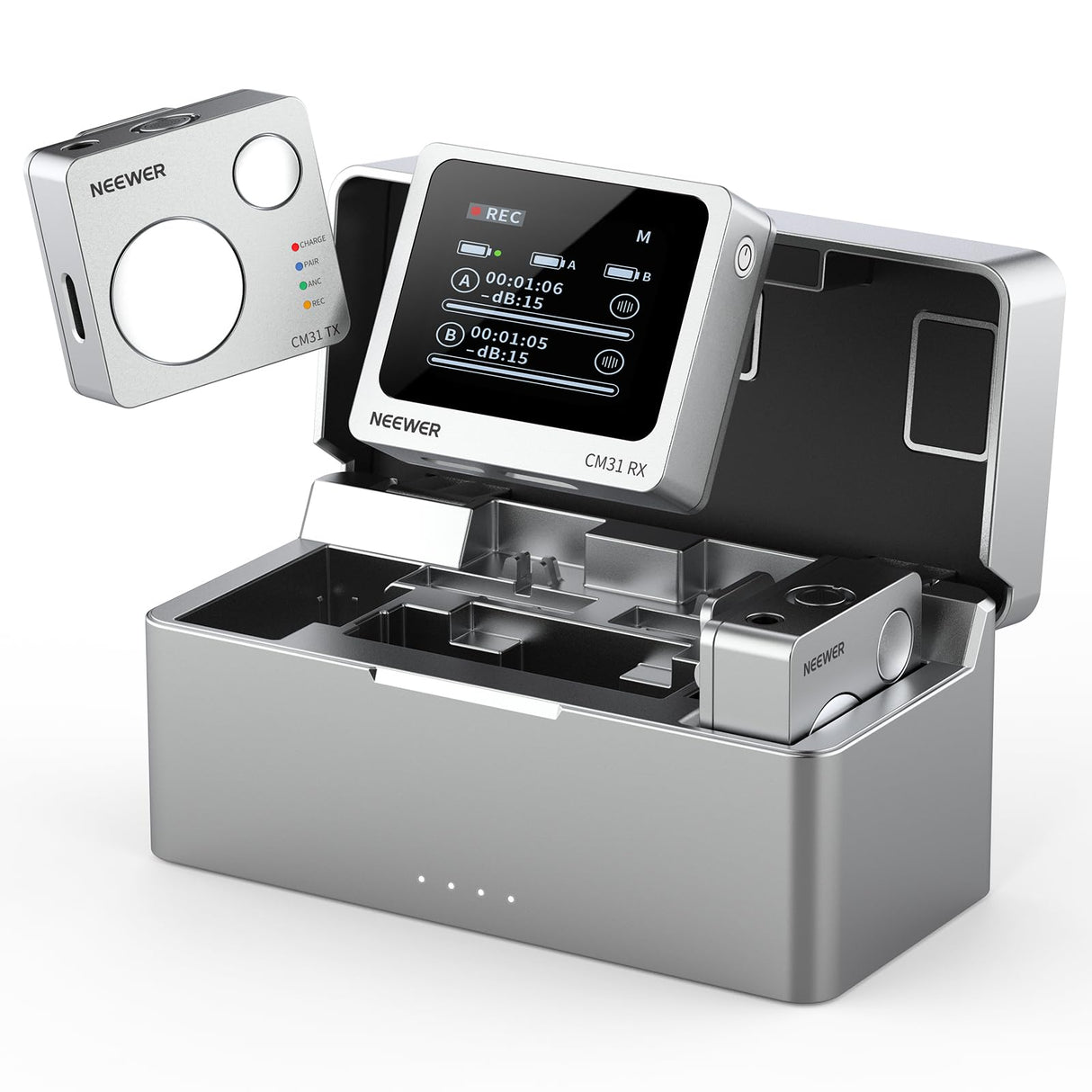 NEEWER CM31 Micrófono Lavalier Inalámbrico con 8GB Almacenamiento Batería 24H Grabación 14H Alcance 820 Pies 48KHz Cancelar Ruido 24Bit para iPhone iPad Android PC Youtube/TikTok Stream Podcast