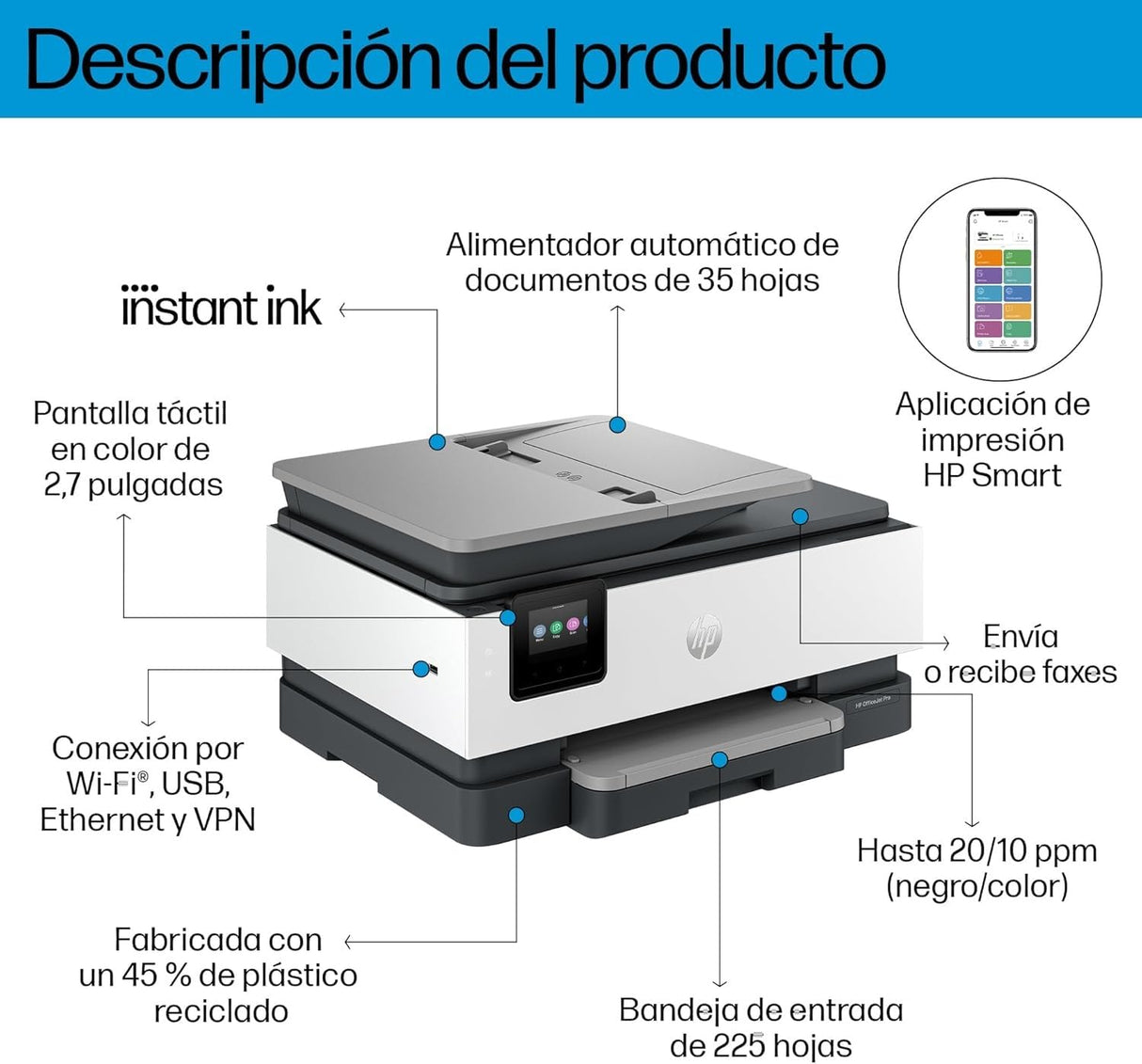 HP OfficeJet Pro 8122e, Impresora multifunción profesional de tinta A4 a color, Copia, Escáner, Mobile Fax, Wi-Fi, Impresión a doble cara automática, 3 meses de impresión Instant Ink con HP+, Gris