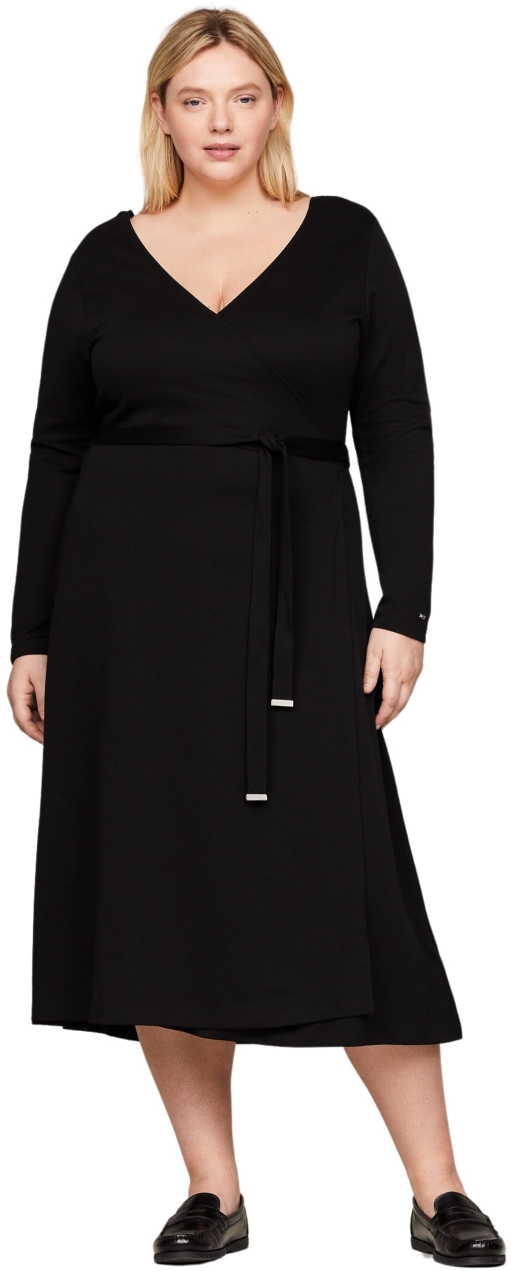 Tommy Hilfiger Vestido para Mujer Smooth Lines Wrap Midi Dress con Manga Larga, Negro (Black), 48