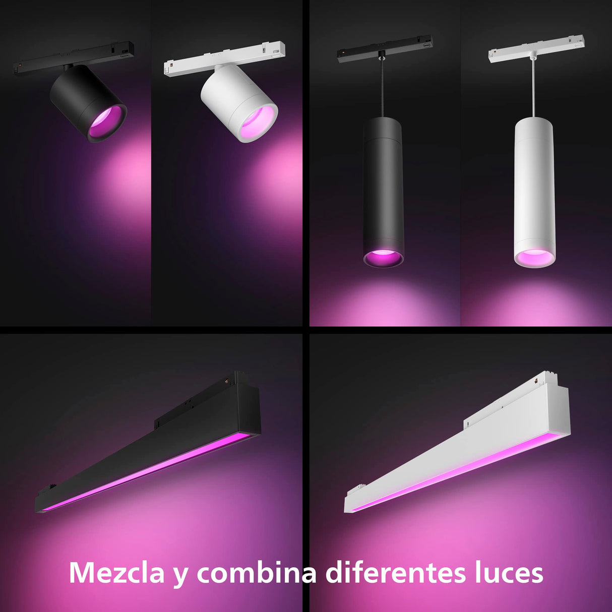 Philips Hue - Perifo Iluminación en carril Luz Blanca y de Colores - Set carril y 4 focos (negro) - 212cm - Anclajes incluidos