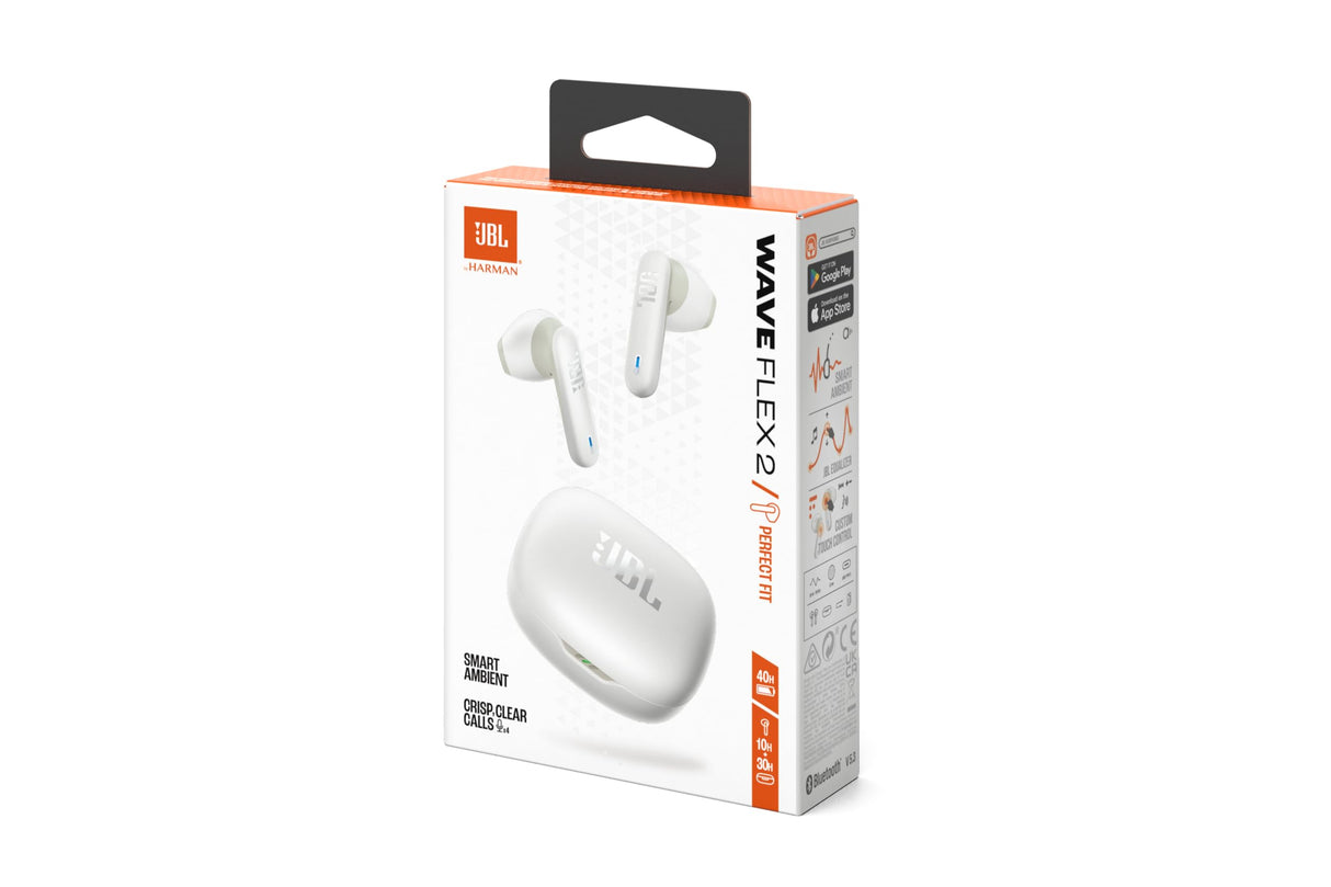 JBL Wave Flex 2, Auriculares inalámbricos True Wireless, Bluetooth, autonomía de hasta 40 hrs, Sonido Pure Bass, Smart Ambient, Resistentes al Agua y al Polvo, conexión multipunto, Blanco