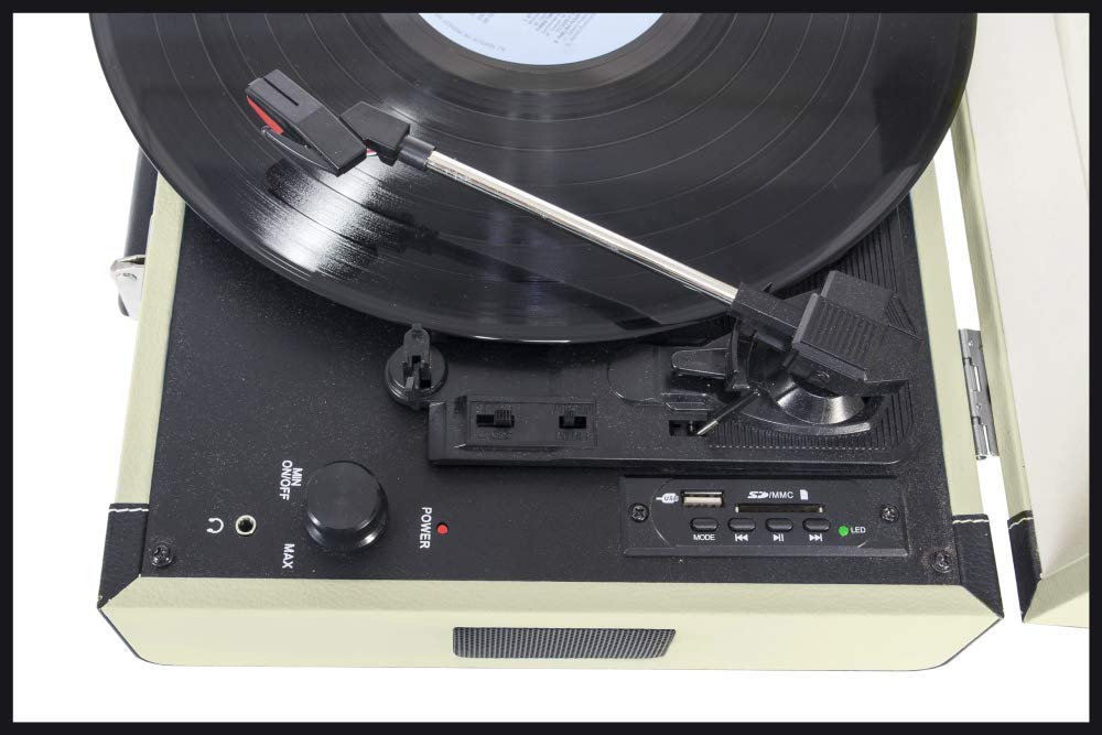 Madison - Mad-RETROCASE-CR - Estuche para Tocadiscos Retro (33, 45, 78 RPM) con Altavoces incorporados, Bluetooth, USB, SD - Adaptador de 45 RPM Incluido - Cuero Azul Claro