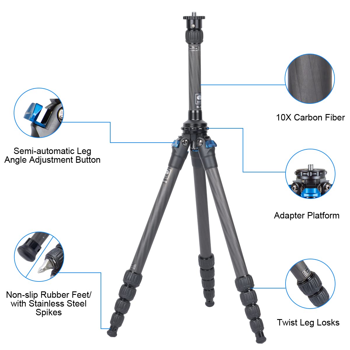 SIRUI Trípode para Cámara de Viaje AM-225, 159cm Trípode Portátil de Fibra de Carbono con Tubo de Extensión SL-100, Trípode para Fotografía con Columna Central de Carbono, Carga Máxima 6kg