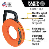 Klein Tools Cinta de pescado, extractor de alambre de fibra de vidrio con líder de acero en espiral, carcasa optimizada y mango, 15 m 56350