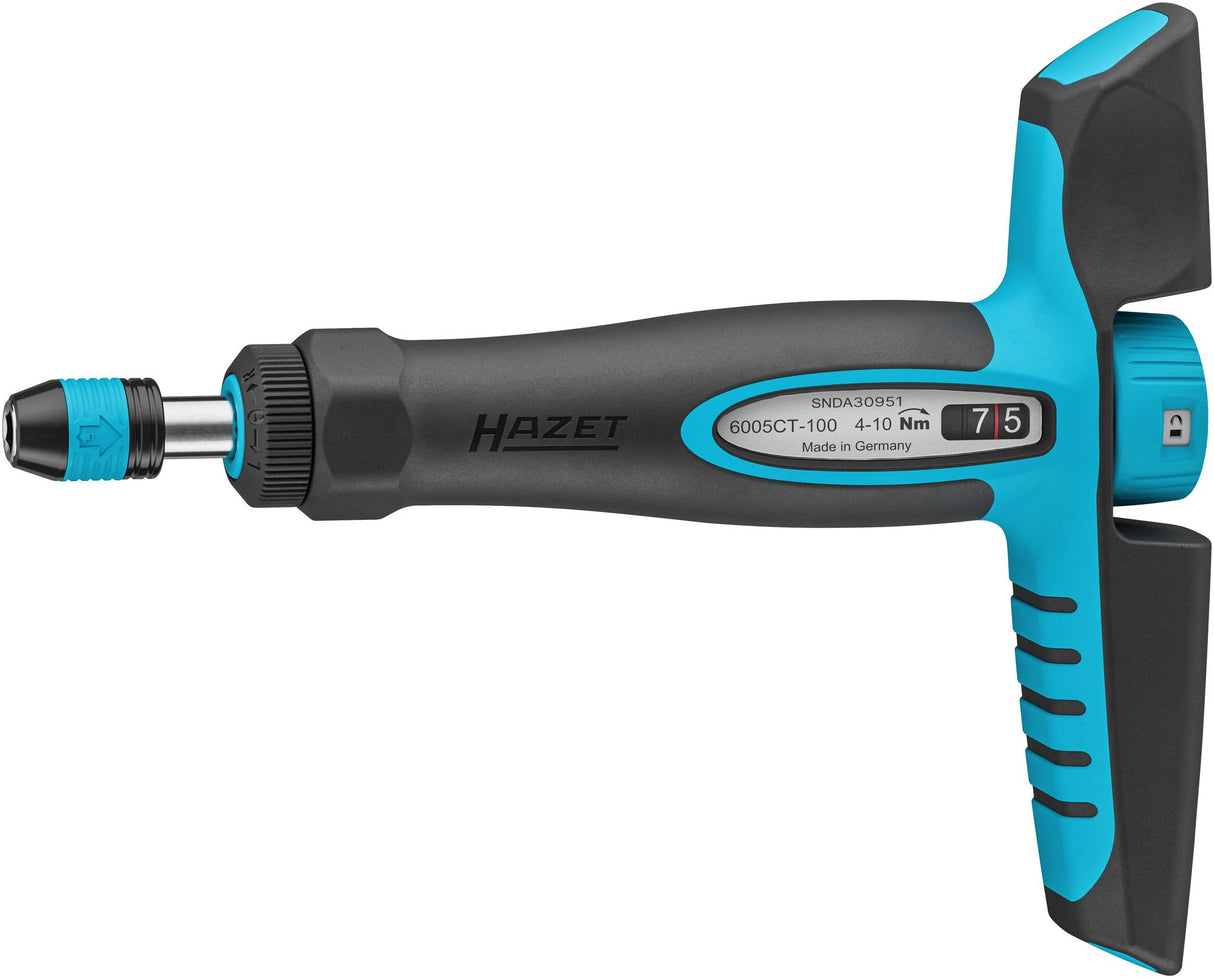 Hazet Destornillador dinamométrico 6005CT-100, 1/4 con mango en cruz, 4-10 Nm, 6% de precisión, 198 mm de longitud, reversible derecha/izquierda, mecanismo de rueda libre, ergonómico