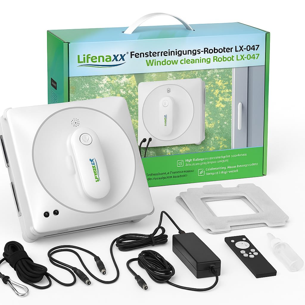 Lifenaxx LX-047, robot eléctrico limpiacristales avanzado con 4 boquillas de pulverización, 4 programas de limpieza, motor sin escobillas, mando a distancia - también para las ventanas sin marco