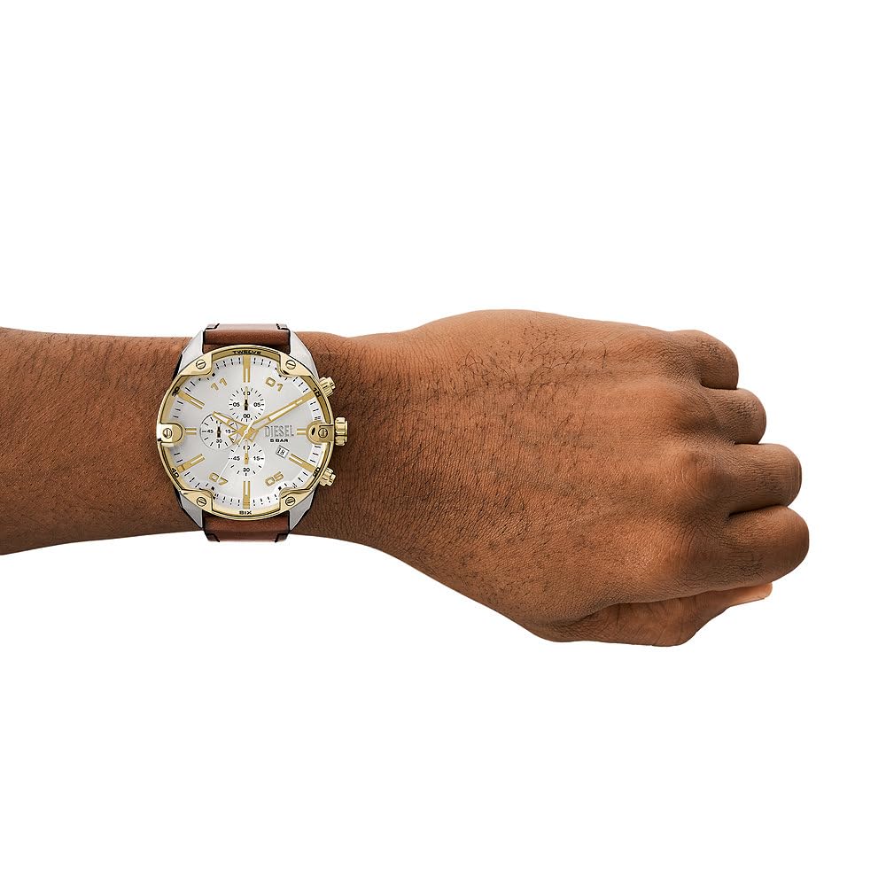 Diesel Reloj Analógico para Hombres de Cuarzo con Correa en Cuero DZ4665, Marrón y Tono Plateado, 49MM