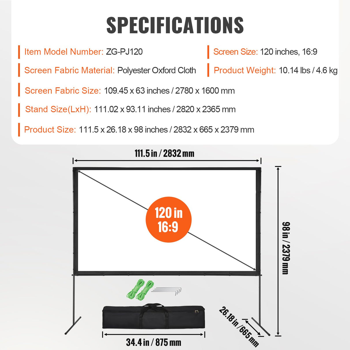 VEVOR Pantalla de Proyector de Pie 120" 16:9 HD Pantalla de Proyección Portátil de Doble Cara Antiarrugas Amplio Ángulo de Visión con Bolsa de Almacenamiento para Proyector de Vídeo de Cine en Casa