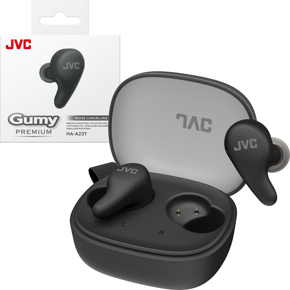 JVC Gumy Premium Auriculares Bluetooth True Wireless con Cancelación de Ruido, Bluetooth 5.4, Modo Ambiente, Baja Latencia, 26h batería, Estuche Translúcido USB-C, Negro Oliva - HA-A23T-B