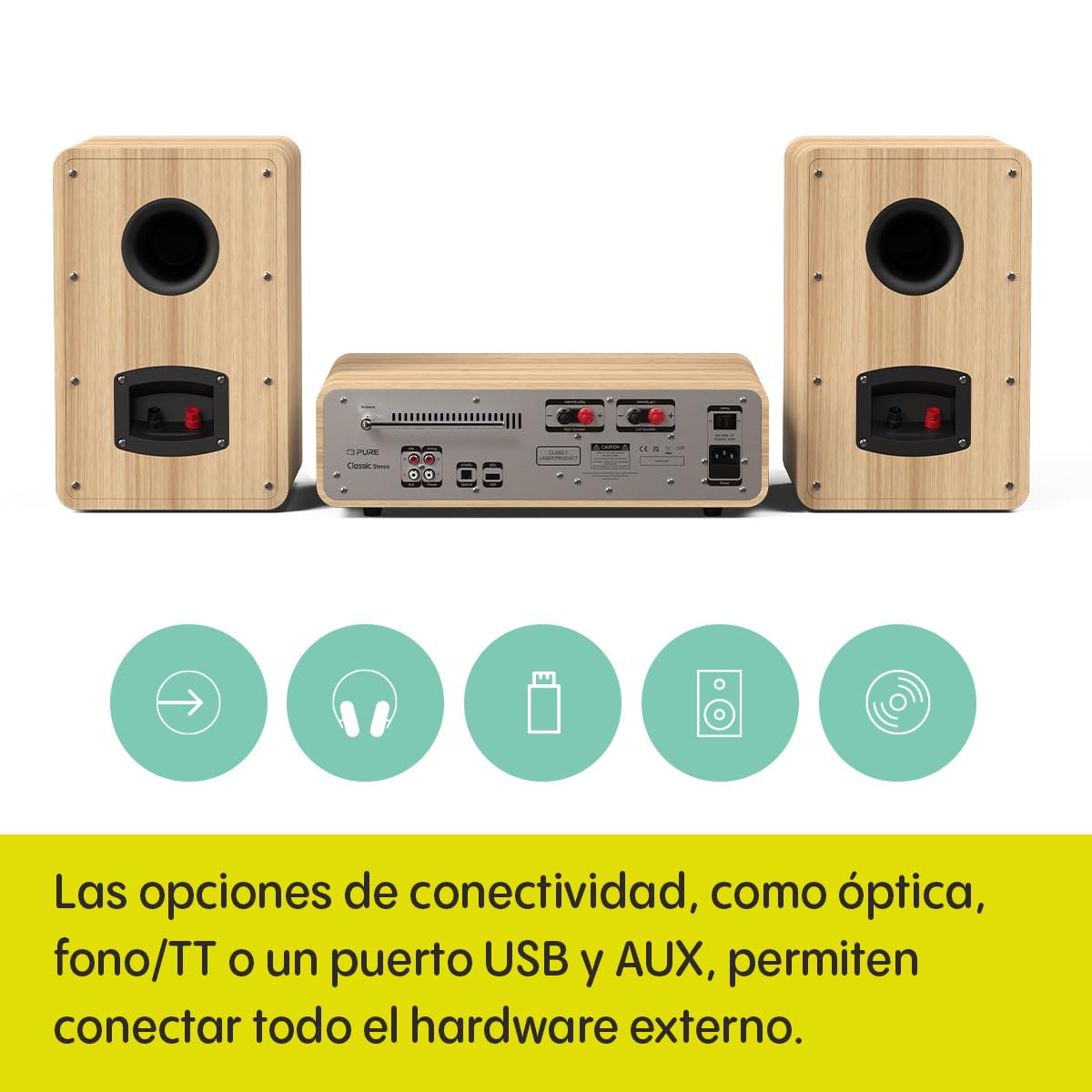Pure Sistema de música HiFi Pure Classic Stereo, Sistema Compacto (100 W de Sonido, Radio por Internet, Dab+/FM, Bluetooth, Reproductor de CD, USB y Spotify Connect), Blanco algodón/Roble