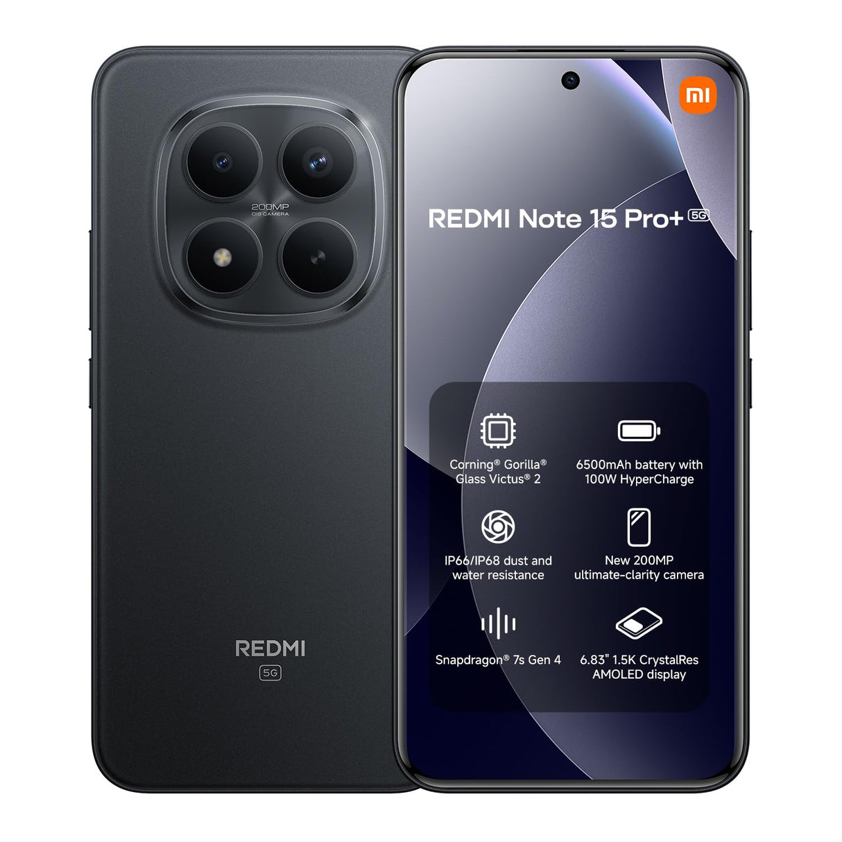 XIAOMI REDMI Note 15 Pro+ 5G - Smartphone de 8+256GB, Pantalla AMOLED 6,83" 1.5K AMOLED, Snapdragon 7s Gen 4, cámara de 200 MP, Hypercharge 100W, Cargador no Incluido, Negro (Versión ES)