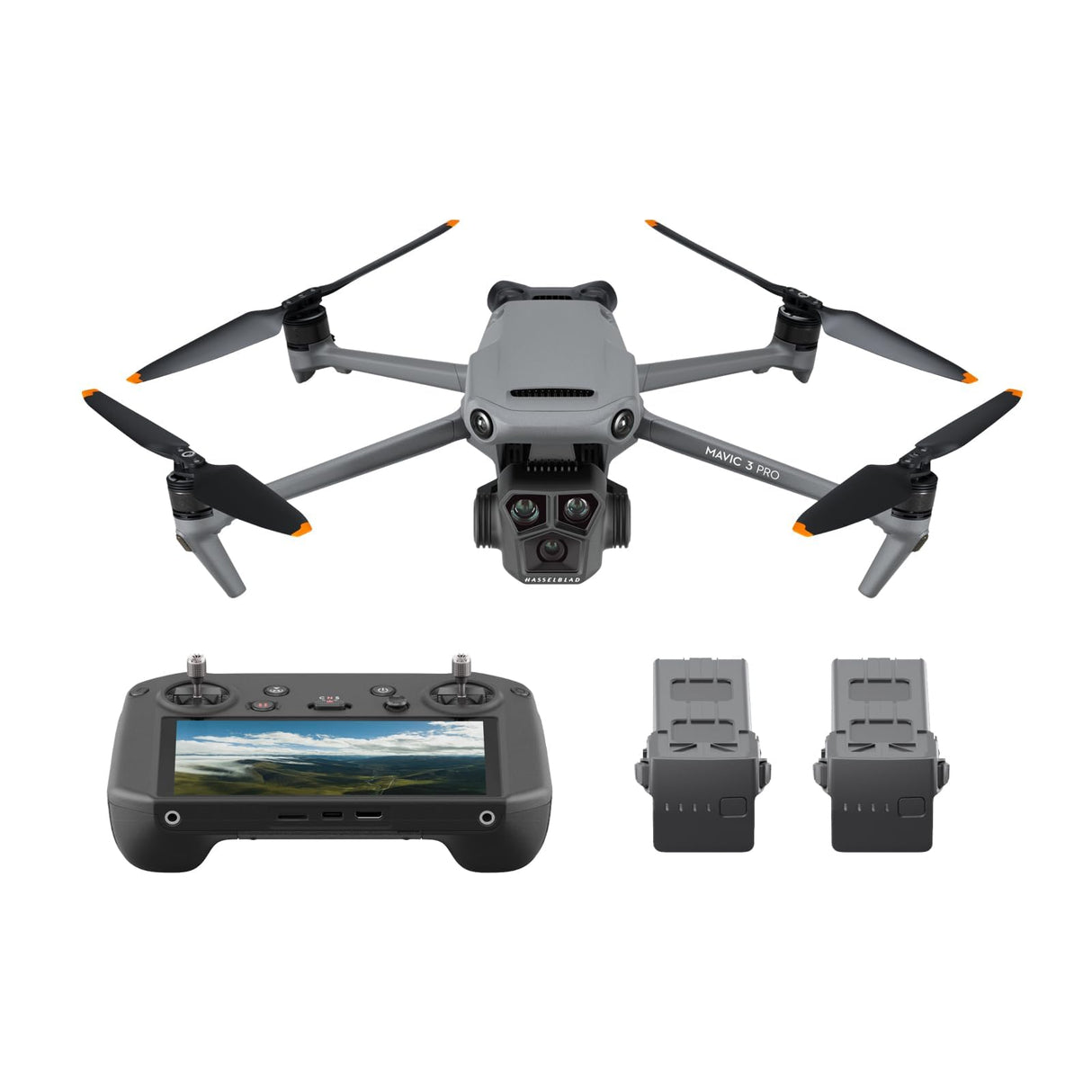 DJI Mavic 3 Pro Pack Vuela Más con DJI RC Pro (pantalla de alto brillo), Mando a distancia, cámara Hasselblad con CMOS 4/3, tres baterías de vuelo inteligentes, centro de carga, juego de filtros ND