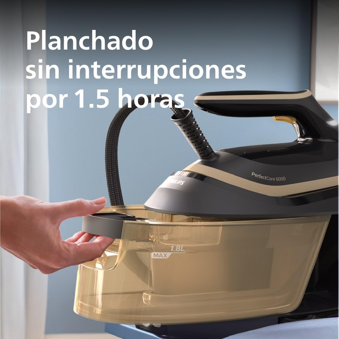 Philips PerfectCare Serie 6000 Centro de planchado a vapor - 2400 W, salida de vapor 600 g, presión 8 bares, tecnología OptimalTEMP, depósito de agua de 1,8 litros, negro (PSG6064/80)