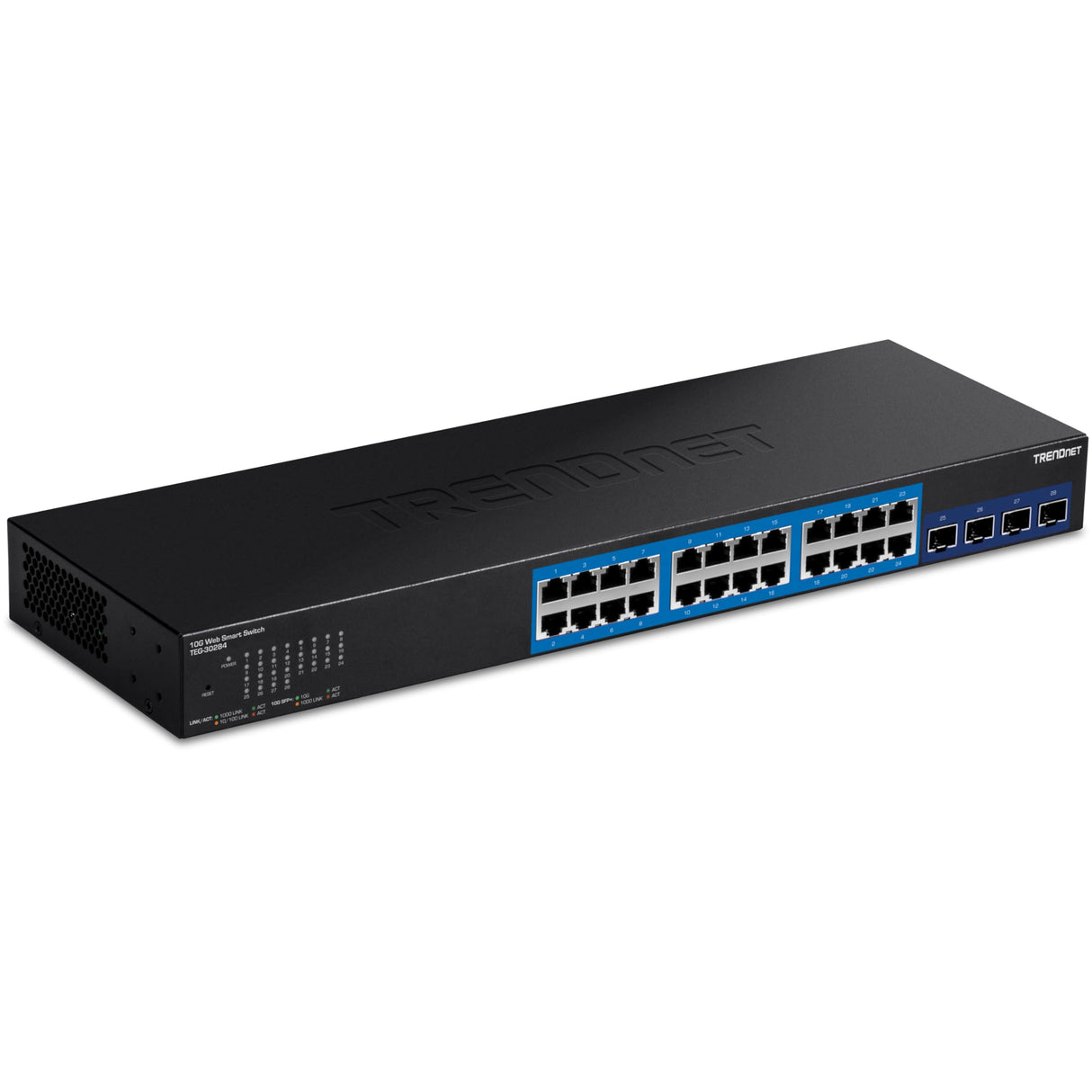TRENDnet, TEG-30284, Conmutador Web Inteligente de 28 Puertos, 24 Puertos Gigabit, 4 Ranuras SFP+ de 10 G, Enlaces ascendentes de Red de Alta Velocidad, Montaje en Rack 1U, Negro