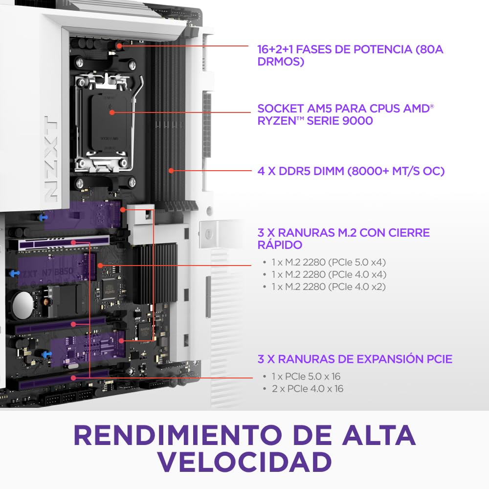 NZXT N7 B850 - Placa Base Gaming AMD B850 AM5 ATX para Ryzen 9000/8000/7000-16+2+1, DDR5, 3X M.2, PCIe 5.0, Wi-Fi 6E, 2.5GbE, USB 4 – M.2 NVME con Cierre rápido – Cubierta Completa – Blanco