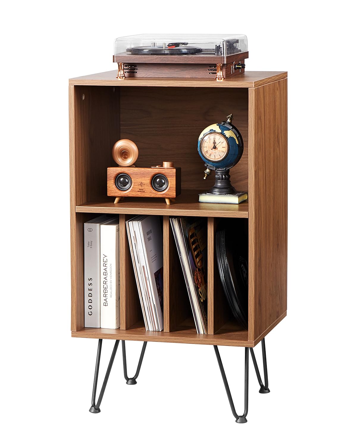 VEVOR Soporte para Tocadiscos 480 x 400 x 860 mm de 3 Niveles Capacidad Hasta 150 Álbumes, Gabinete de Almacenamiento de Discos de Vinilo con Patas de Metal para Dormitorio, Sala de estar, Marrón
