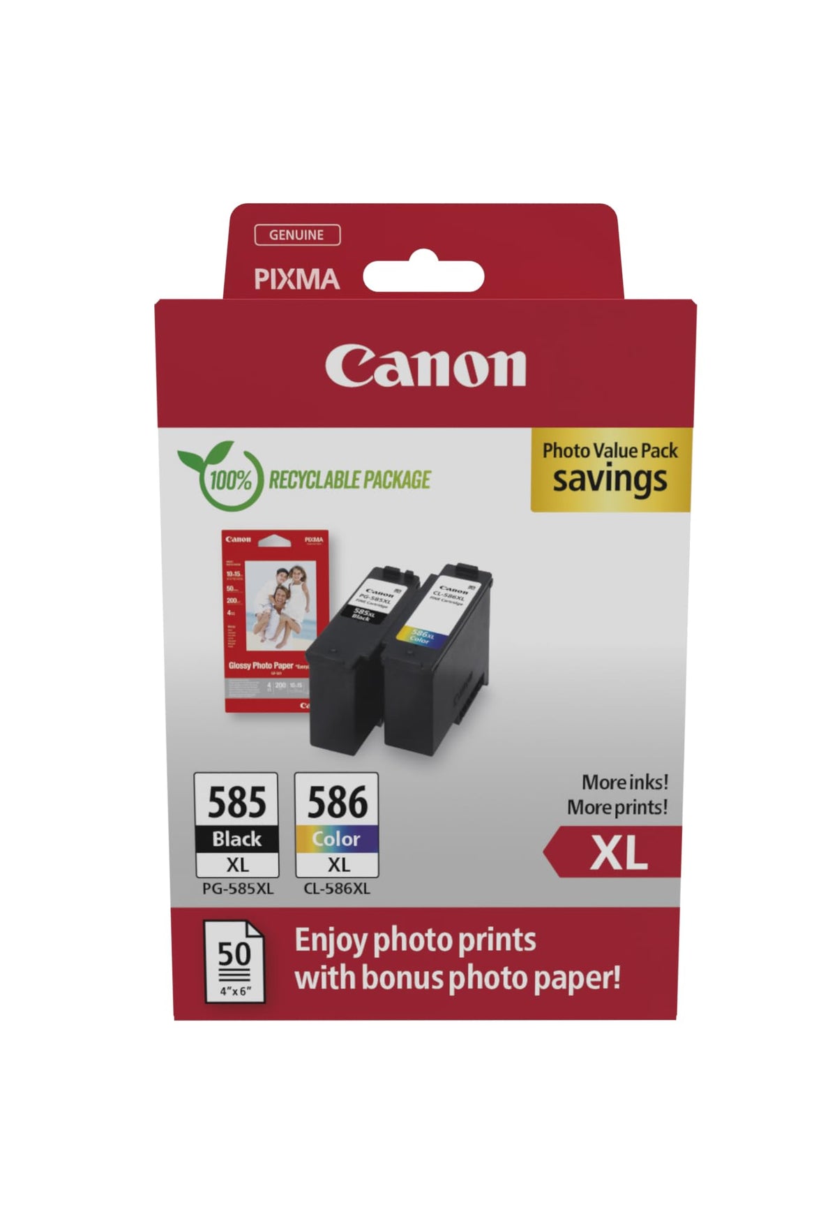 Canon PG-585XL + CL-586XL, Cartuchos de Tinta Original, Tamaño XL, 1 Cartucho Negro y 1 Cartucho Color, Incluye Papel fotográfico 4x6 (50 x Hojas), Compatible con Impresoras PIXMA