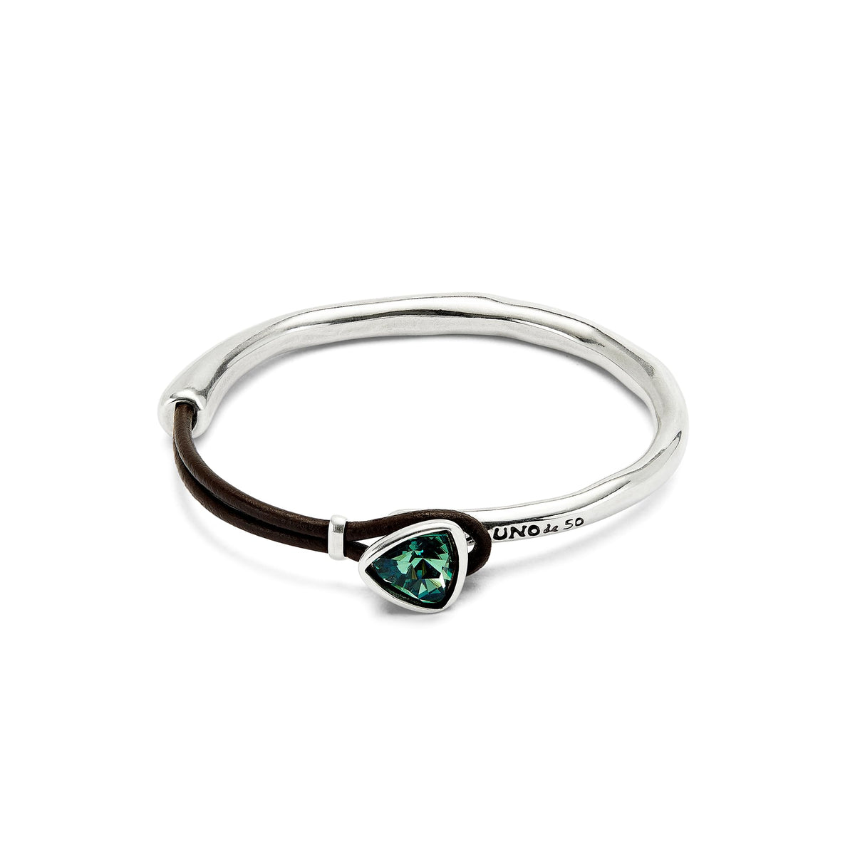 UNO de 50 | Pulsera Fina para Mujer | Cuero y Bañada en Plata de Ley | Cristal Facetado Verde | Talla M | Joya Artesanal | Hecho en España