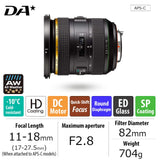 HD Pentax-DA 11-18mmf2.8Ed DC AW Zoom Ultra Gran Angular de 17-27,5mm (Equivalente en 35 mm) Resistente Al Clima Fotos Nítidas y con Un Alto Contraste Sin Reflejos Ni Efecto Fantasma AF Silencioso