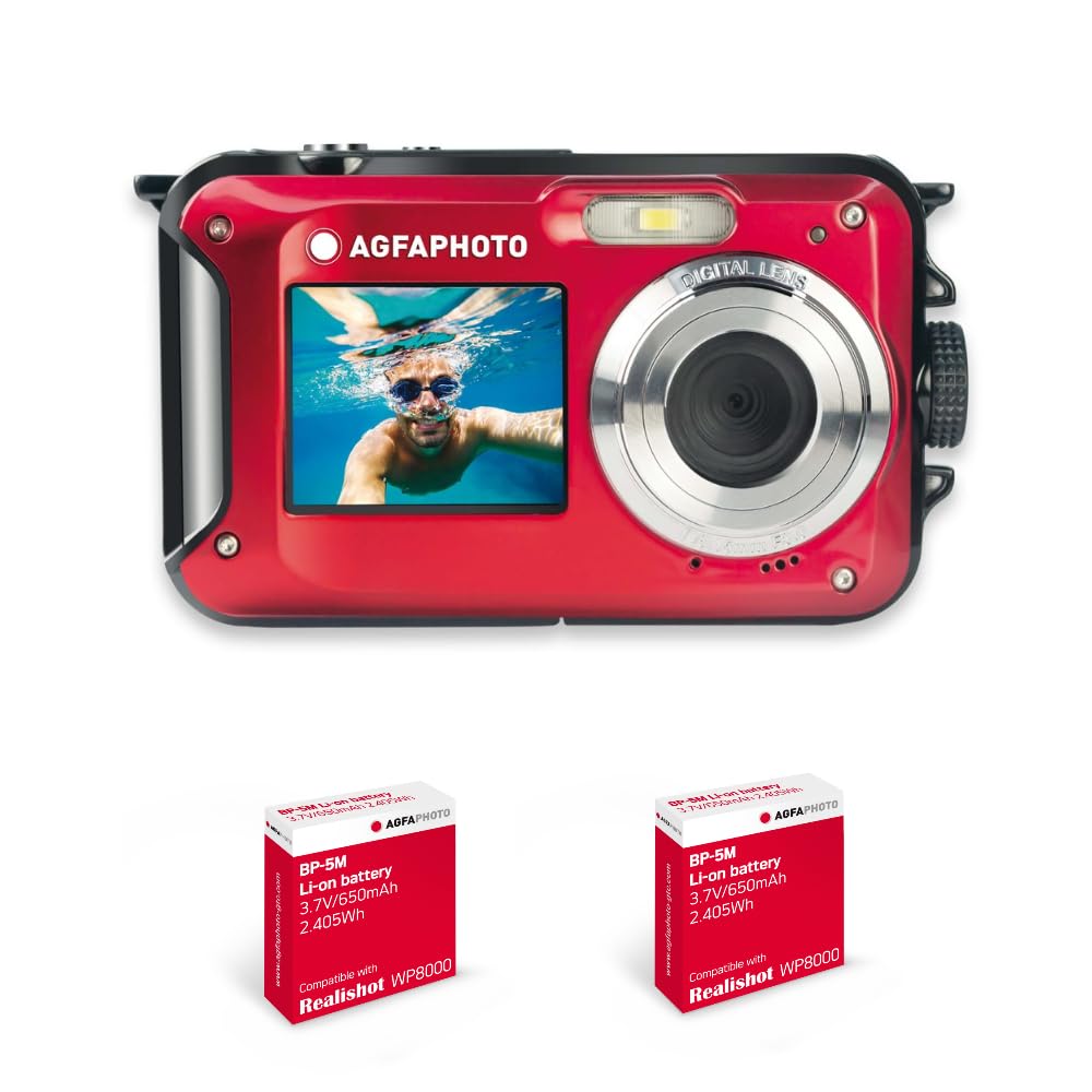 AgfaPhoto Realishot WP8000 - Cámara Digital compacta Impermeable con 2 baterías y Correa Flotante incluida, Color Rojo, Rojo + 2 baterías