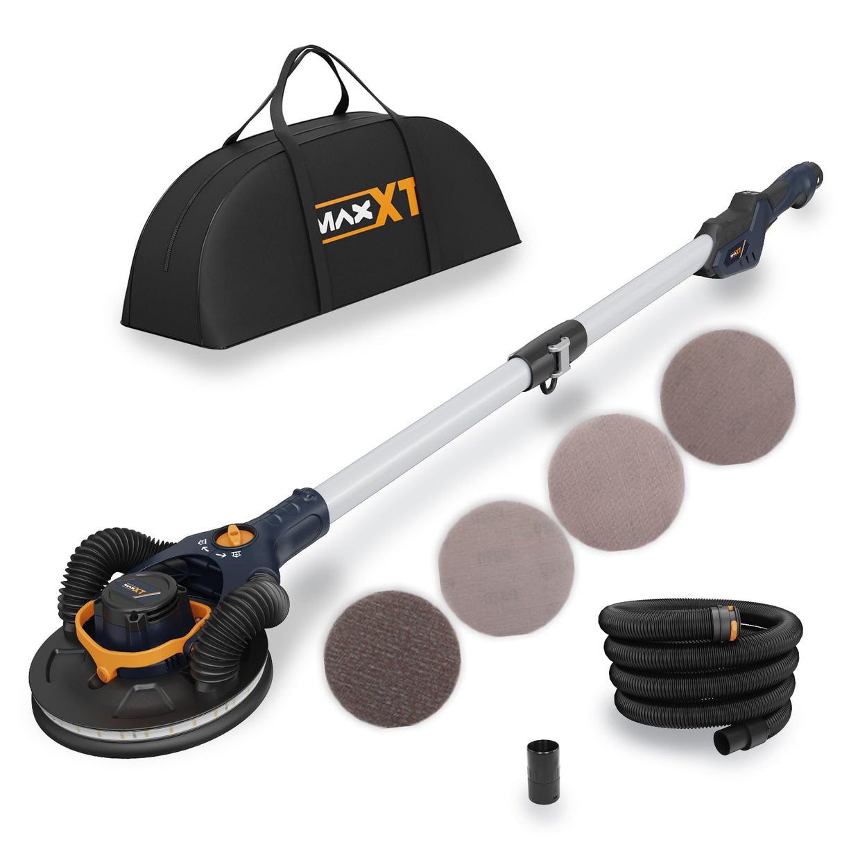 MAXXT Lijadora de Yeso Sin Escobillas - Órbita 4mm, Doble Canal con Adhesión al Techo, Modo Canal Simple/Doble para Paredes, 4000-8500 RPM, Luz LED, Plegable, 400W, Mango 1,65M, Plato 215mm