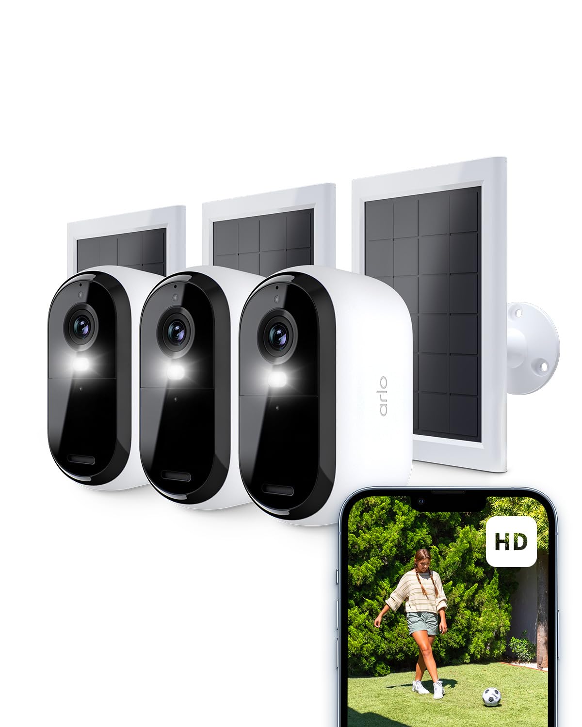 Arlo Essential 2 Camara Vigilancia WiFi Exterior + Panel Solar (3), HD, Camara Vigilancia WiFi Interior, Sensor de Movimiento, Alarmas Para Casa, Prueba Arlo Secure Incluida, 3 Cámaras, Blancas