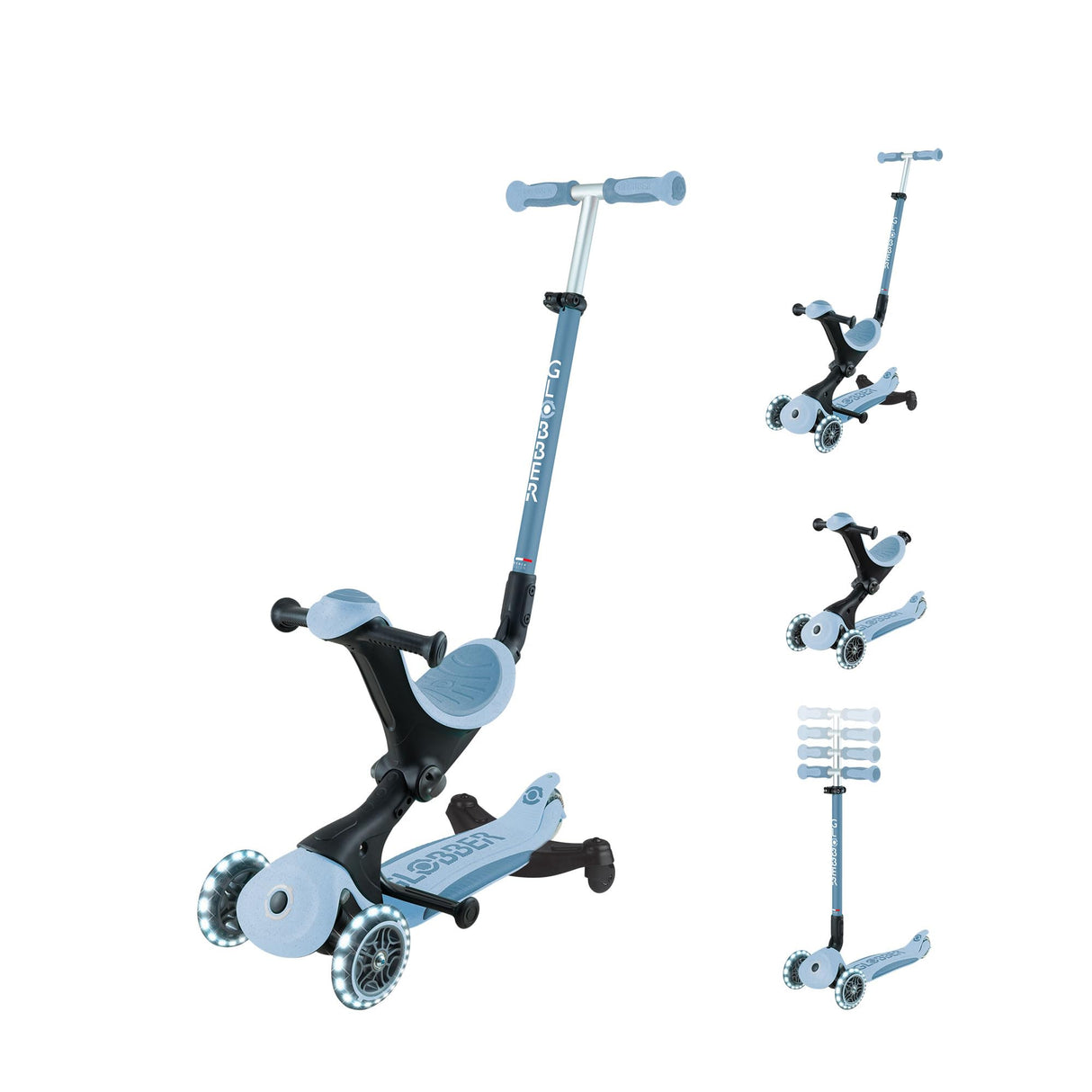 Globber - GO•UP Deluxe Lights Eco 360 - Patinete evolutivo de 3 Ruedas con Asiento Giratorio 360°, reposapiés, Luces LED y Materiales sostenibles, de 15 Meses a 6 años - arándano