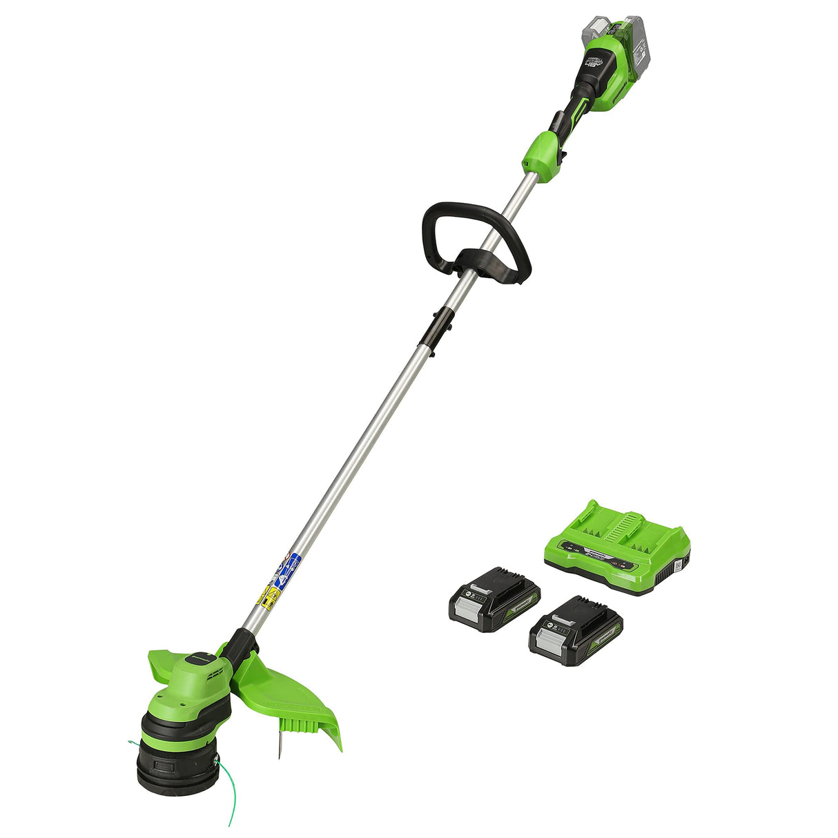 Greenworks GD24X2LT Recortadora de hilo con batería, Li-Ion 2x 24V ancho de corte 33cm 6200rpm diám. hilo 2mm alimentación automática flowerguard modo Hi/Low con 2 baterías 2Ah y cargador doble