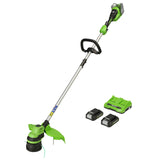 Greenworks GD24X2LT Recortadora de hilo con batería, Li-Ion 2x 24V ancho de corte 33cm 6200rpm diám. hilo 2mm alimentación automática flowerguard modo Hi/Low con 2 baterías 2Ah y cargador doble