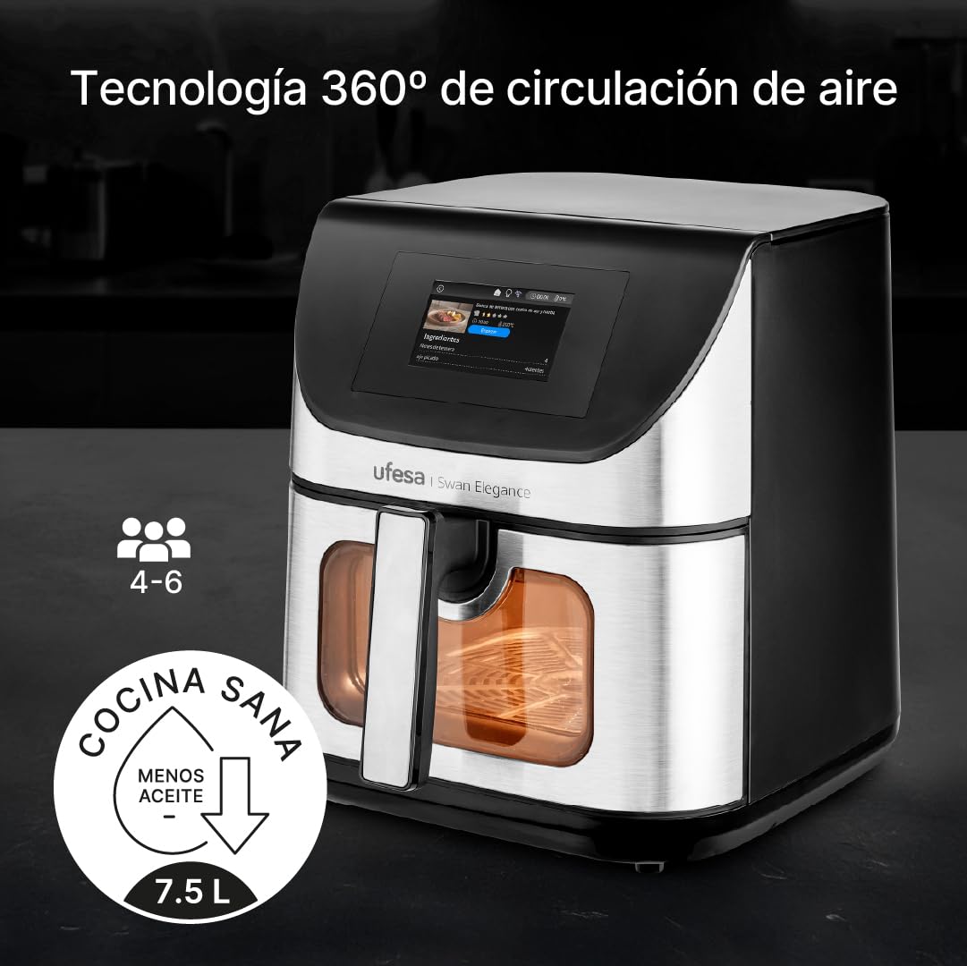 Ufesa Freidora de Aire Swan Elegance 7.5L 2200W, Pantalla Digital Interactiva TFT 4.3", App Inteligente, 10 Programas, Ventana con Luz Interior y Tecnología Air Pulse Ultra 360ºC con Doble Resistencia