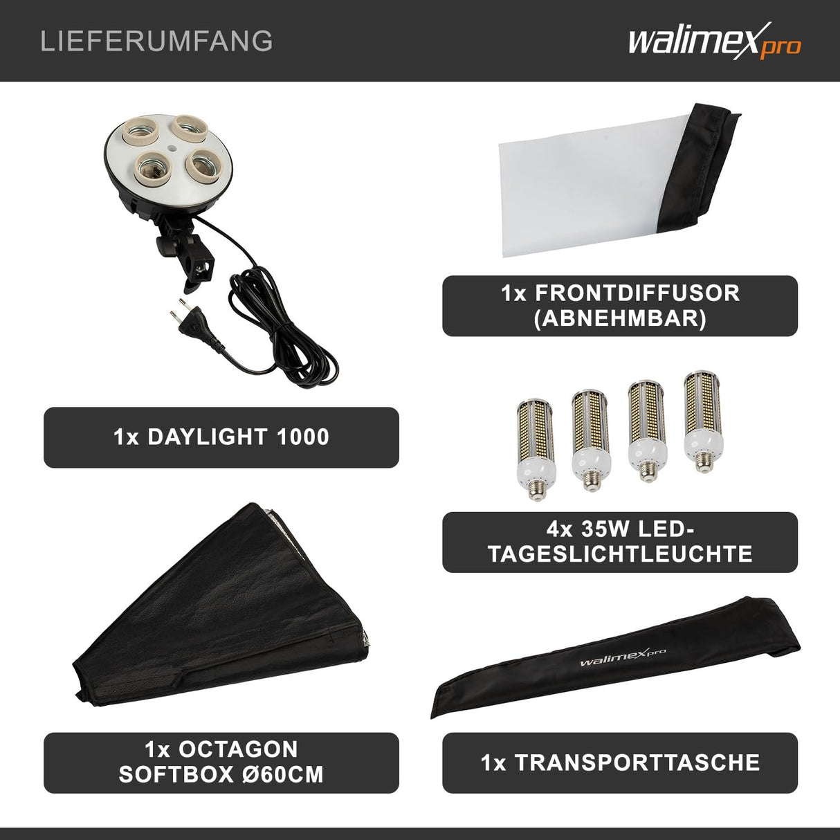 Walimex pro Octagon Softbox Ø 60 cm Incluye 4 Unidades de 35 W Daylight LED (5000 K), difusor y Bolsa a Juego, CRI 90+, Ideal para fotografía y vídeo