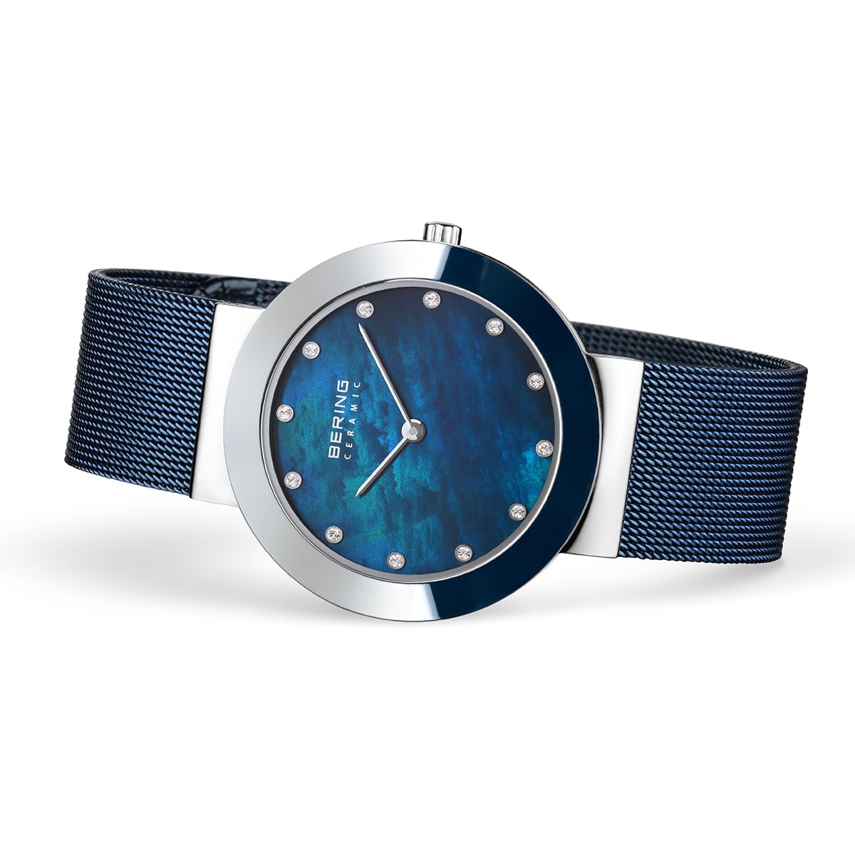 BERING 11435-387 Reloj de cuarzo para mujer con caja de acero inoxidable plateado de 35 mm y esfera azul, correa milanesa, cristal de zafiro y resistencia al agua de 5 ATM