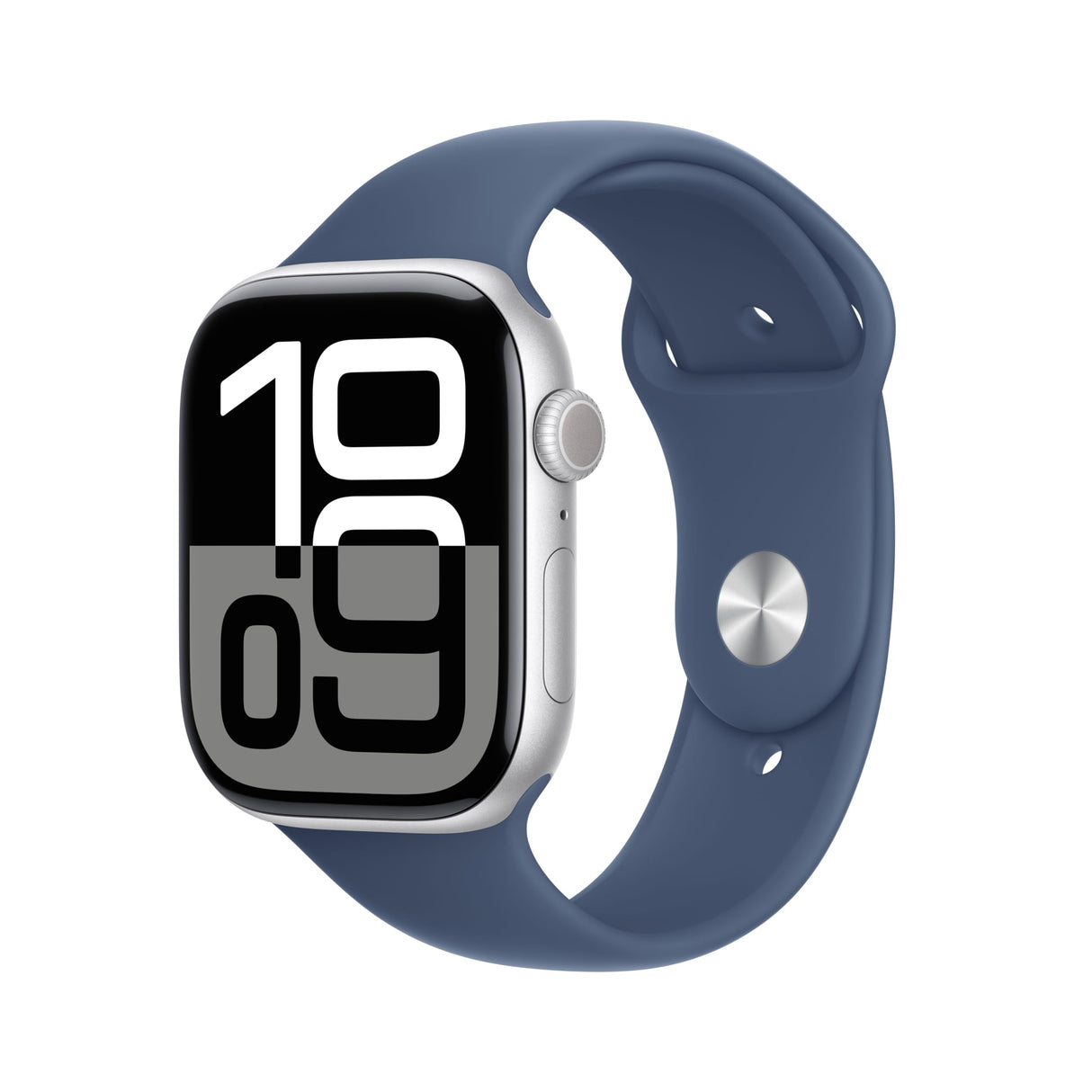 Apple Watch Series 10 GPS Smartwatch con Caja de Aluminio Plata de 46 mm y Correa Deportiva Azul Denim - Talla S/M. Monitor de entreno, App ECG, Pantalla Retina Siempre Activa
