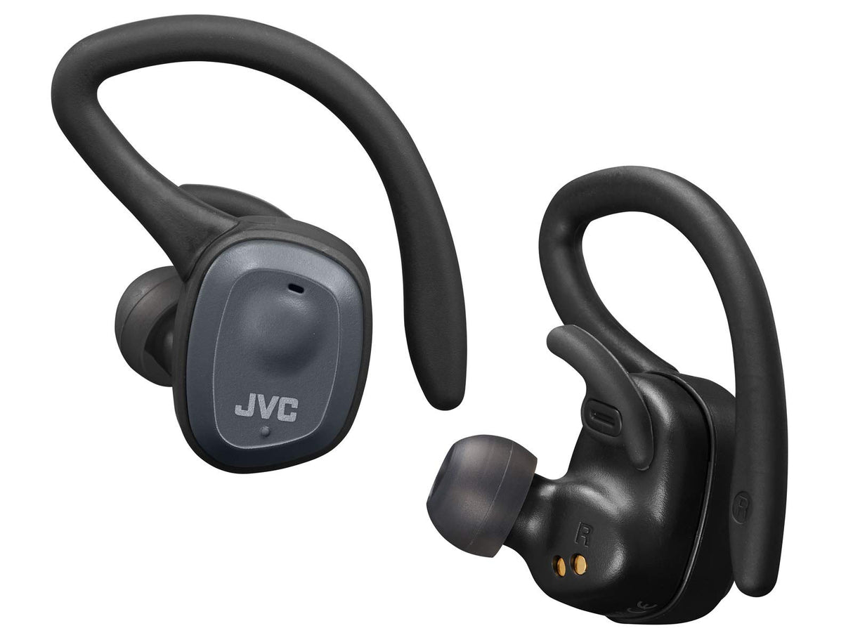 JVC Auriculares Bluetooth HA-ET45T True Wireless, Micrófono y Clip Desmontable. Máxima Adaptabilidad, Agarre y Resistencia. Batería 14h, Color Negro